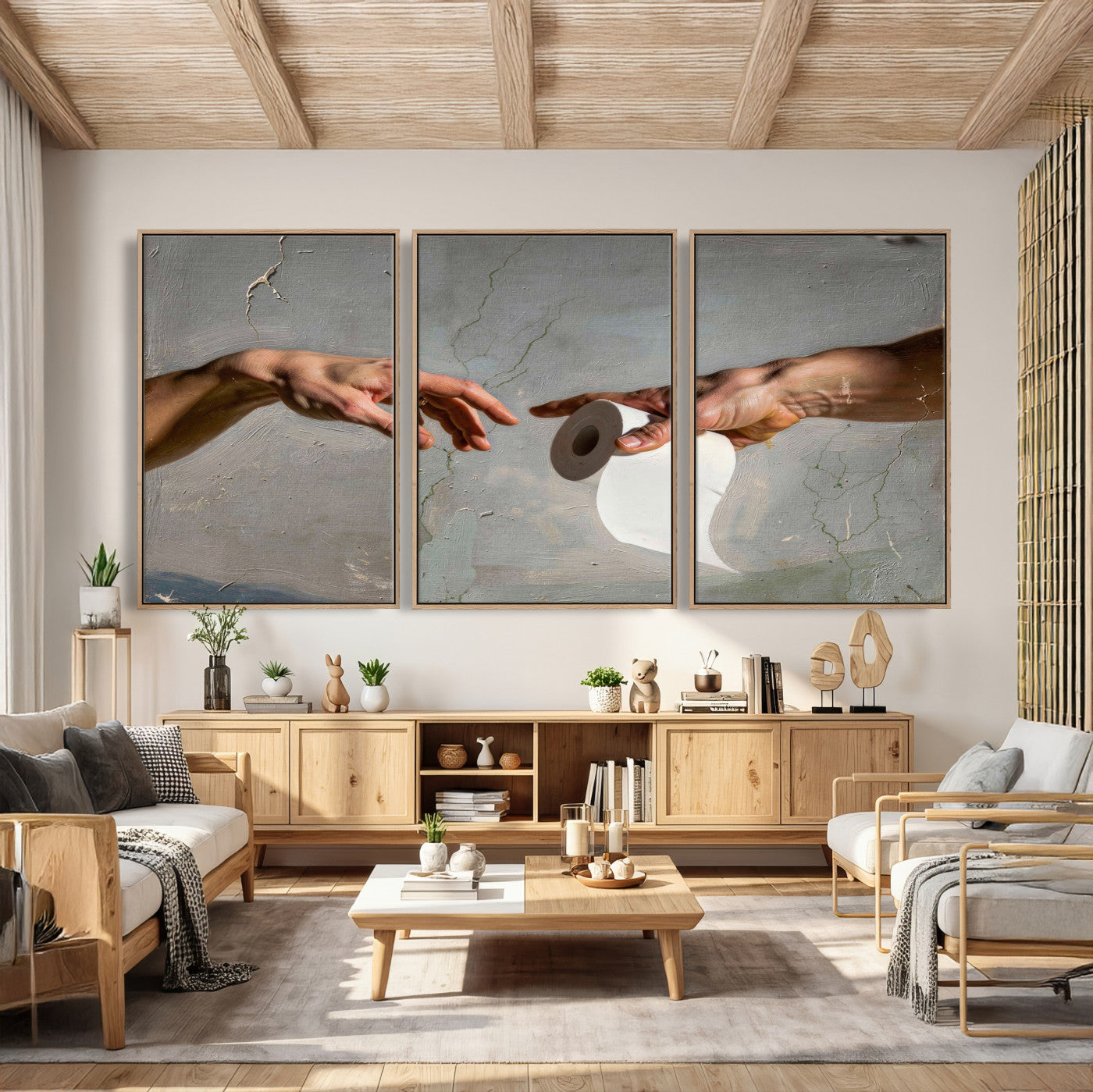 72030048-MGV-CV-36X24 - Funny Bathroom Wall Art Canvas, Creation of Toilet Paper Parody Print, Renaissance Humor Decor, Toilet Room Art, Quirky Housewarming Gift, Classic Art Spoof