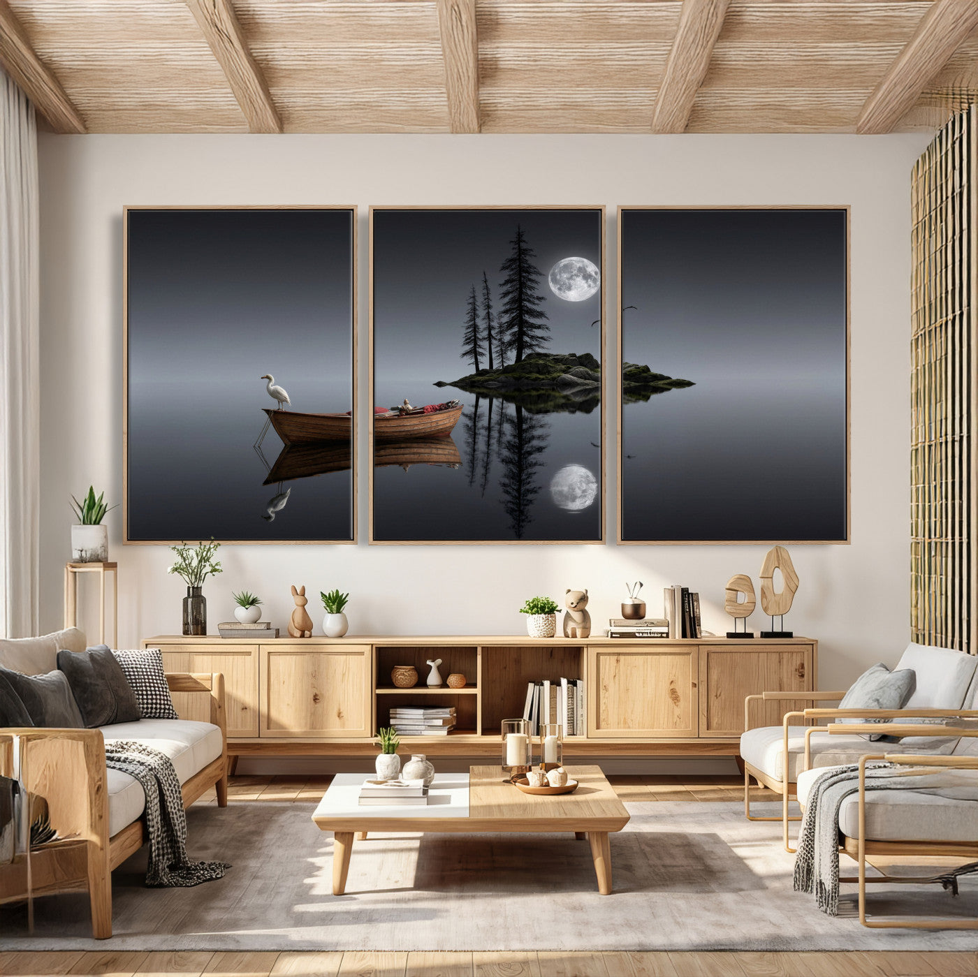 68839391D-MGV-CV-60X30-3P - Moonlit Lake Canvas Wall Art, Dreamy Boat Heron Full Moon Night Print, Dark Fantasy Nature Decor, Moody Bedroom Art, Surreal Landscape Wall Art