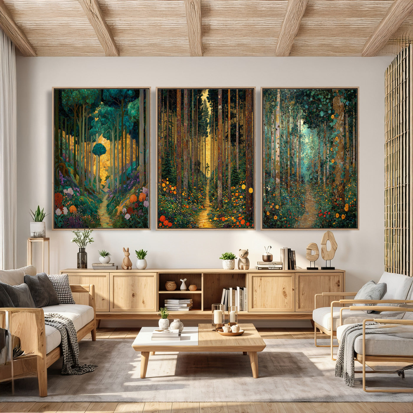 79483321-MGV-CV-60X30-3P - Gustav Klimt Style Forest Canvas Wall Art, Golden Forest Path Floral Art Nouveau Print, Enchanted Woodland Decor, Maximalist Colorful Nature Art