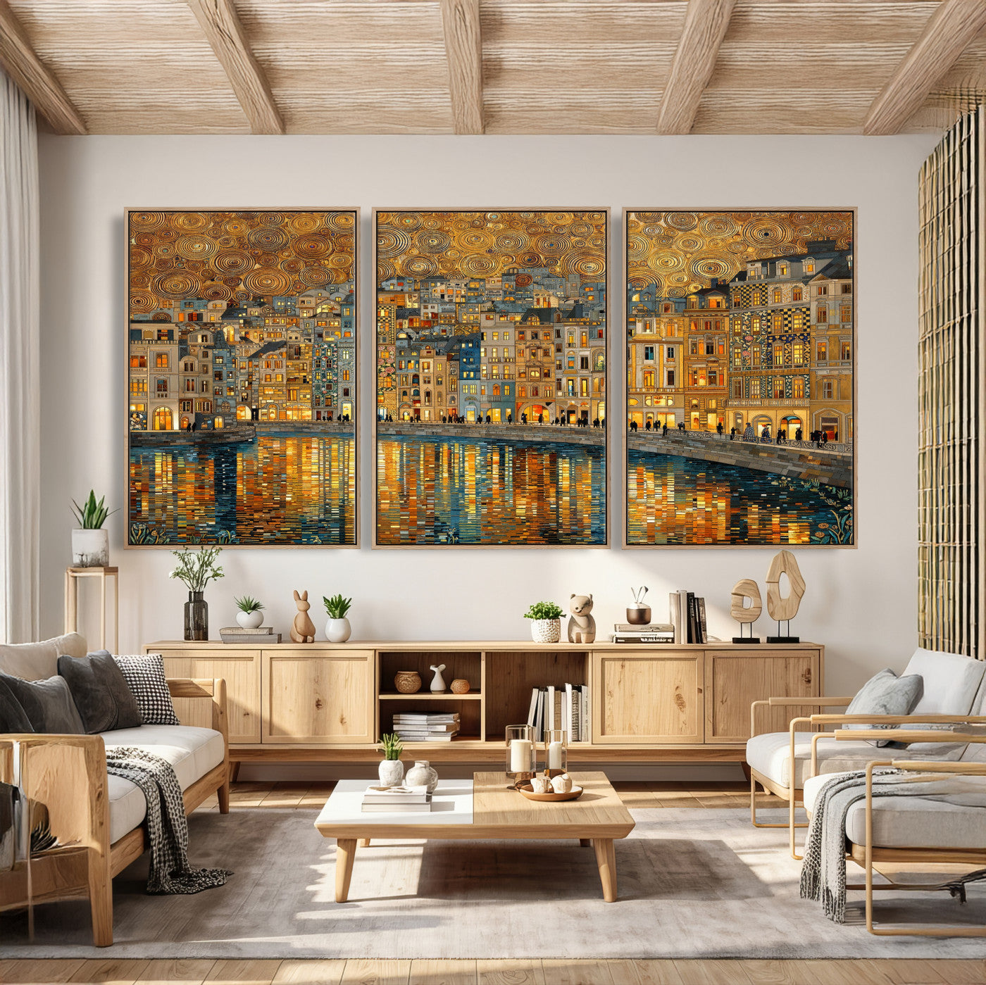 94022787-MGV-CV-36X24 - Gustav Klimt Golden Cityscape Wall Art Canvas Print, Framed River Town Landscape Artwork, Ornate Architecture Wall Decor for Living Room Bedroom Office