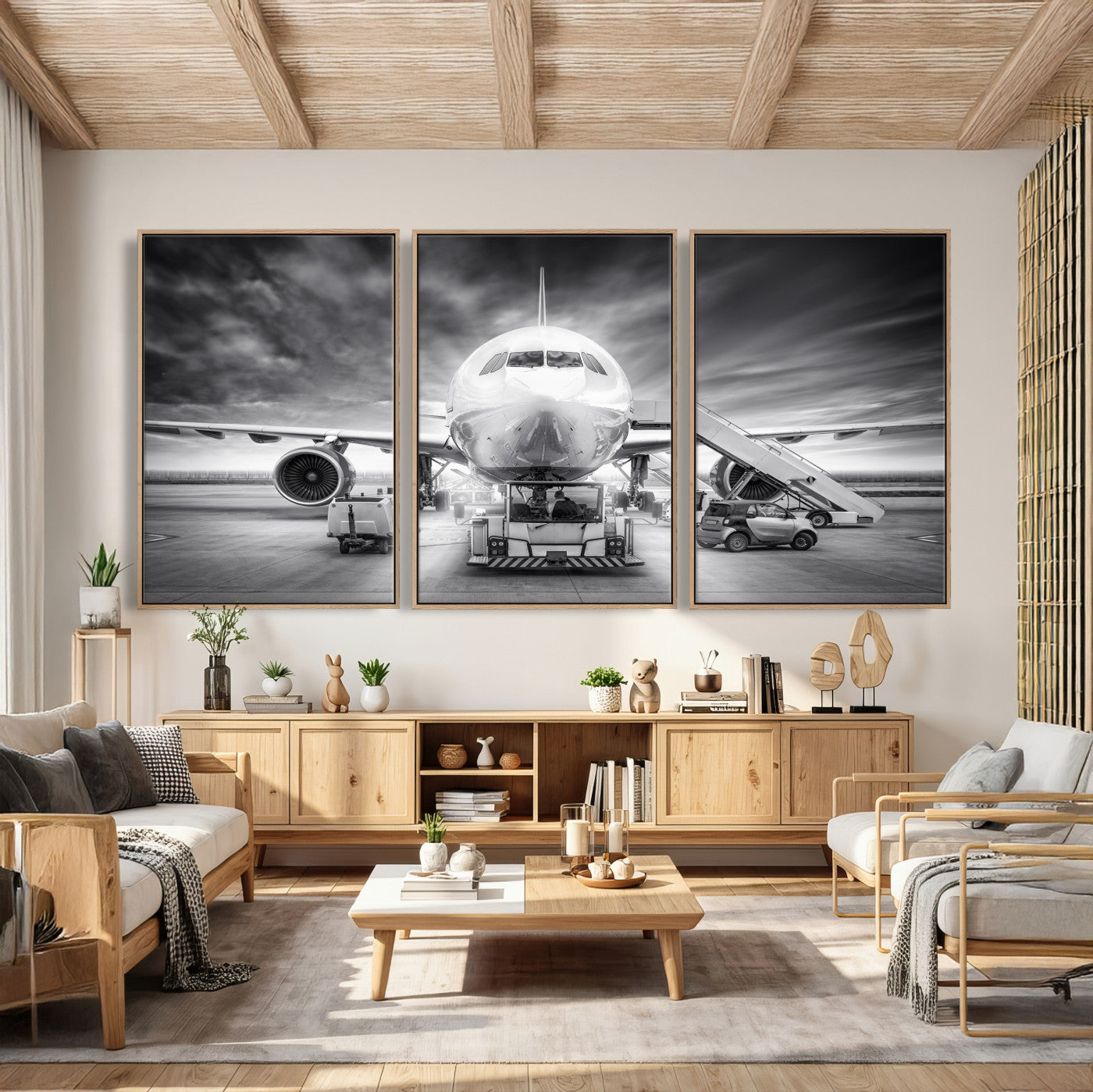 85885848-MGV-CV-36X24 - Airplane Wall Art Canvas Print, Black and White Jet Aircraft Airport Runway Framed Aviation Artwork for Pilot Office Hangar Travel Decor