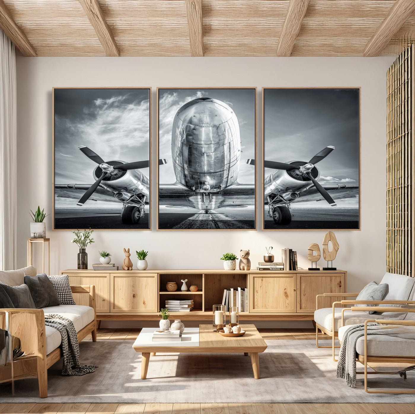 59729636-MGV-CV-36X24 - Vintage Propeller Plane Wall Art Canvas Print, Black and White Airplane Engine Close Up Framed Aviation Artwork for Pilot Office Hangar Decor