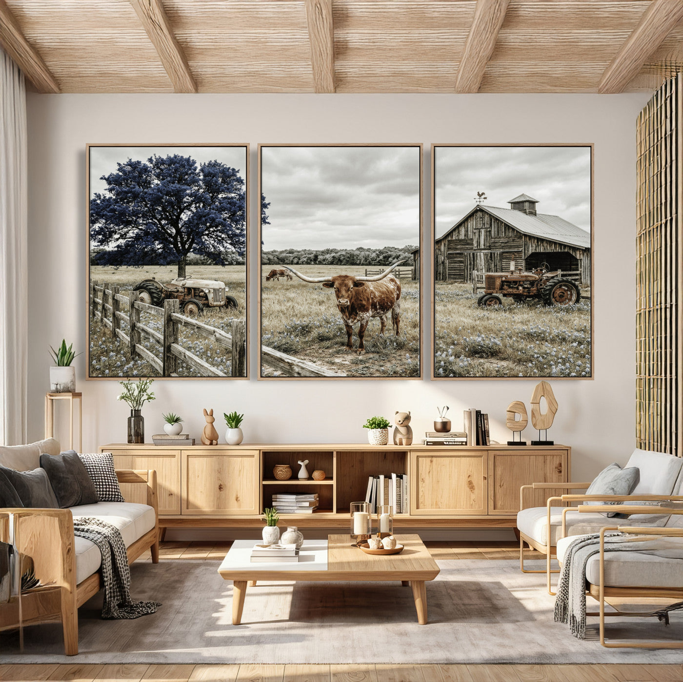 34049737-MGV-CV-60X30-3P - Texas Longhorn Canvas Wall Art, Rustic Farm Barn Bluebonnet Photography Print, Farmhouse Country Decor, Western Ranch Art, Old Truck Tractor Print