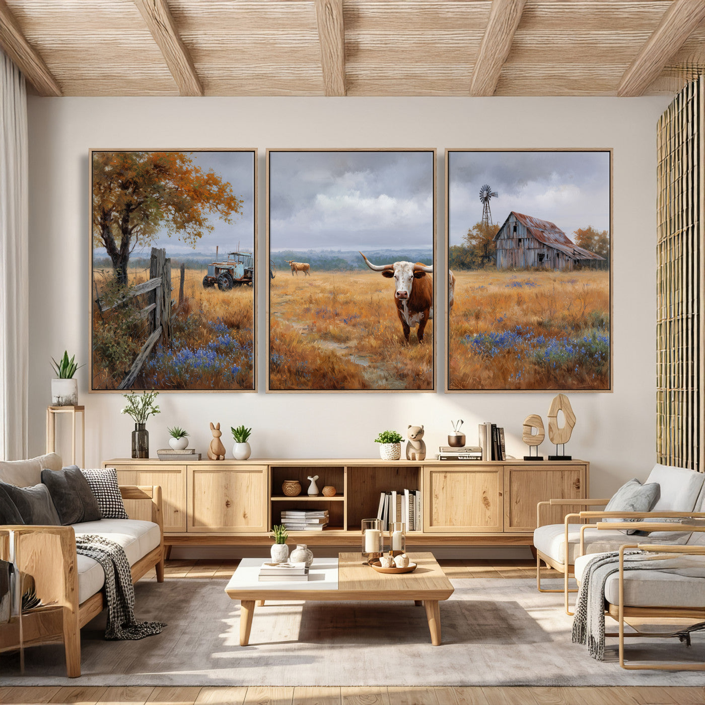 25324907-MGV-CV-60X30-3P - Texas Longhorn Canvas Wall Art, Rustic Farm Barn Bluebonnet Photography Print, Farmhouse Country Decor, Western Ranch Art, Old Truck Tractor Print