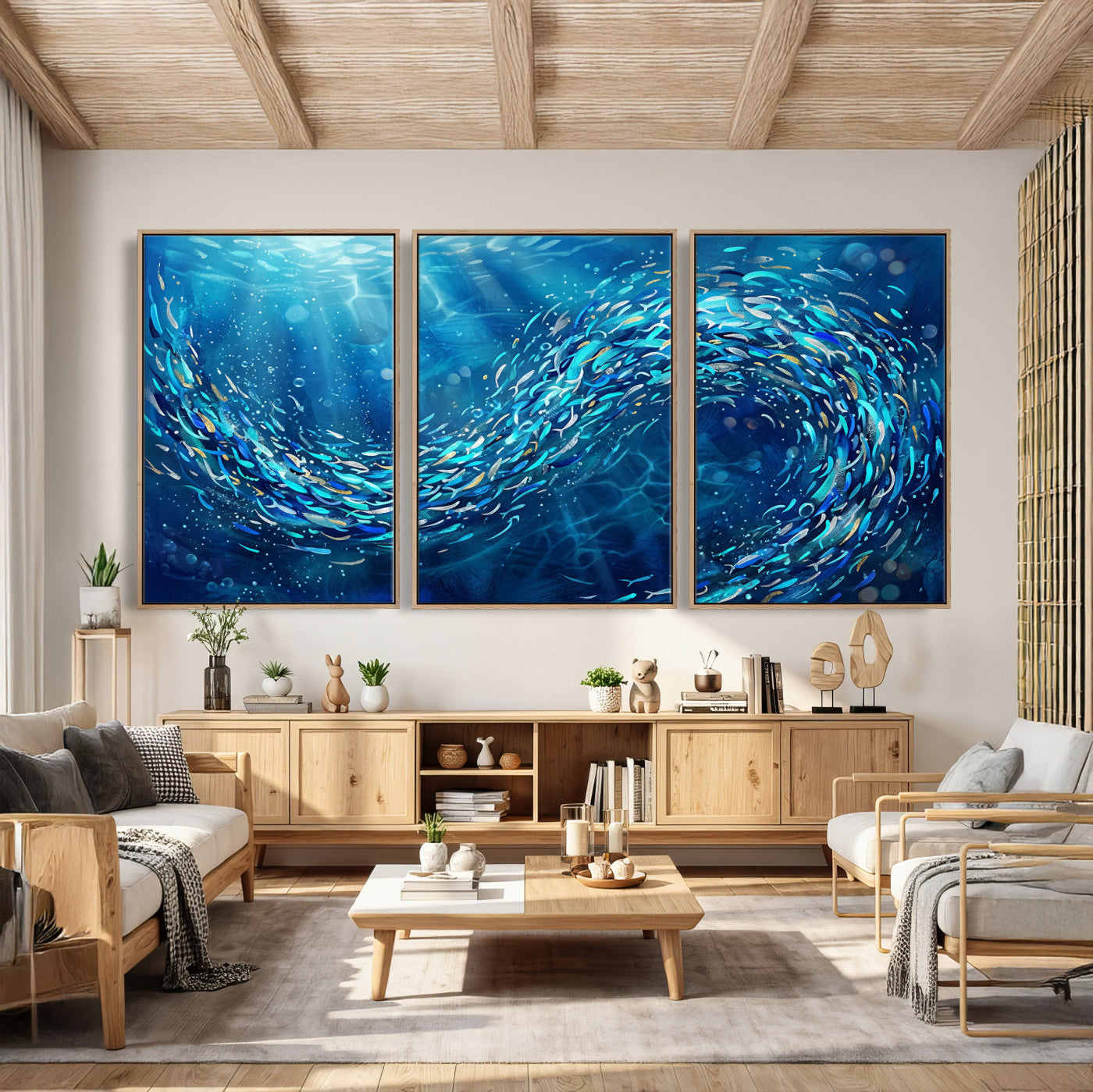 54535639-MGV-CV-36X24 - School of Fish Canvas Print | Blue Ocean Underwater Wall Art | Swirling Fish Shoal Illustration | Marine Navy Coastal Decor