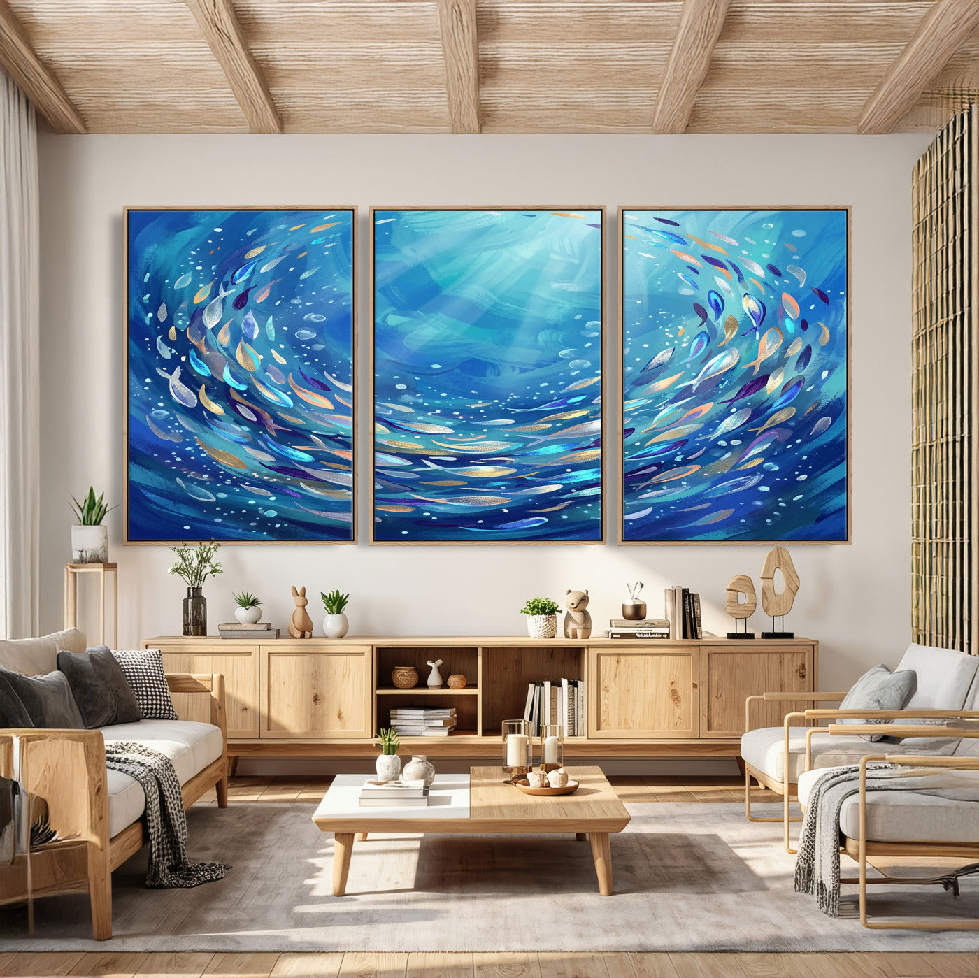 78699899-MGV-CV-36X24 - School of Fish Canvas Print | Blue Ocean Underwater Wall Art | Swirling Fish Shoal Illustration | Marine Navy Coastal Decor