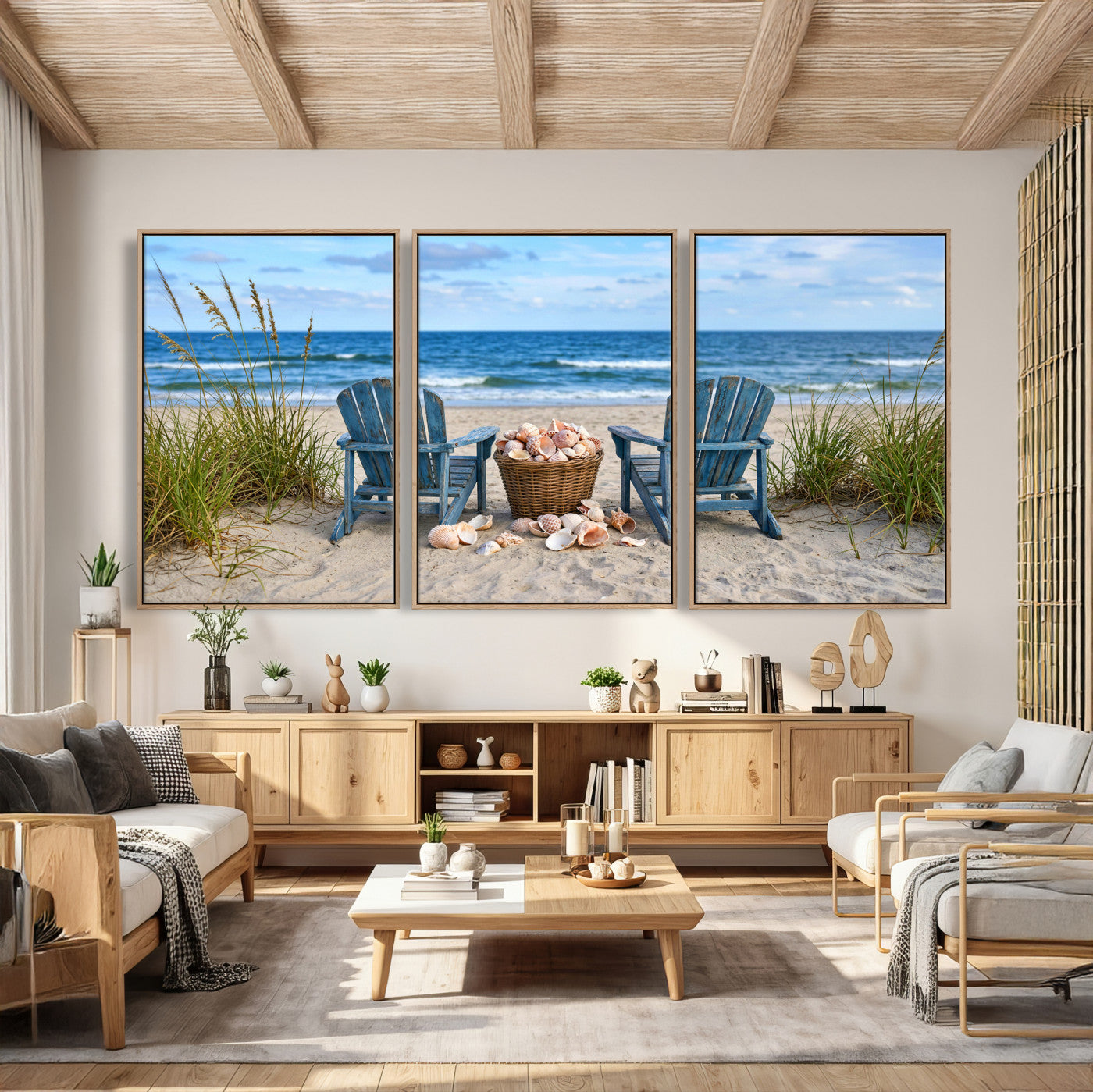 80268829-MGV-CV-36X24 - Large Beach Canvas Wall Art Coastal Adirondack Chairs Ocean Seashells Blue Nautical Framed Large for Living Room Bedroom Bathroom Decor