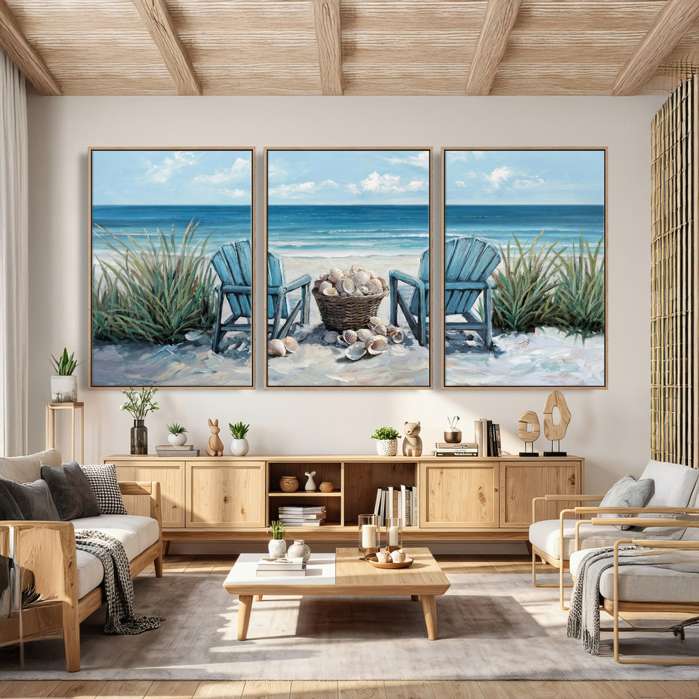 11973028-MGV-CV-36X24 - Beach Canvas Wall Art Coastal Adirondack Chairs Ocean Seashells Blue Nautical Framed Large for Living Room Bedroom Bathroom Decor