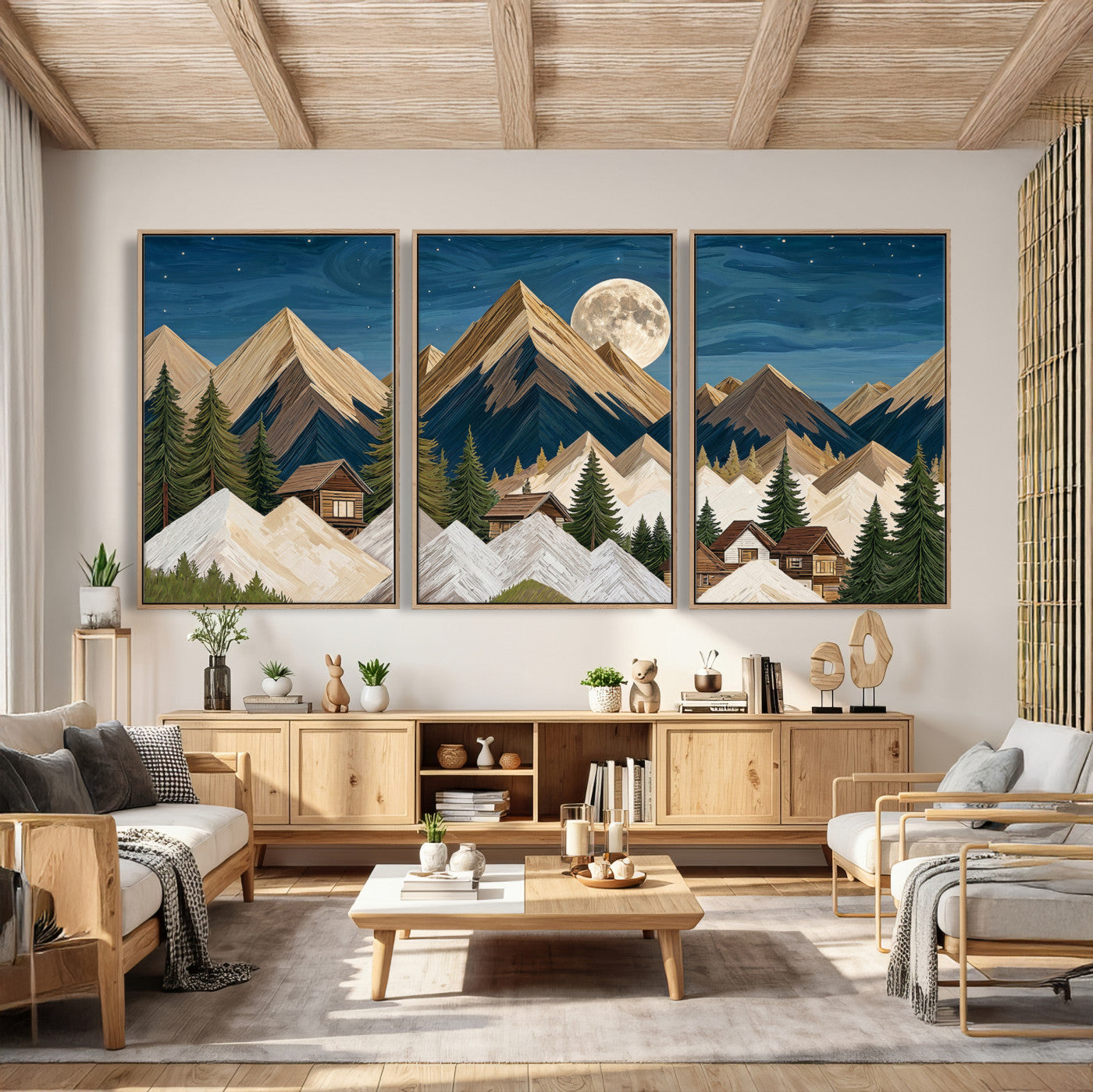17622011MO-MGV-CV-60X30-3P - Moonlit Mountain Cabin Wall Art Canvas Print, Rustic Mountain Landscape Canvas Print, Woodland Cabin Wall Decor, Framed Nature Artwork Ready to Hang