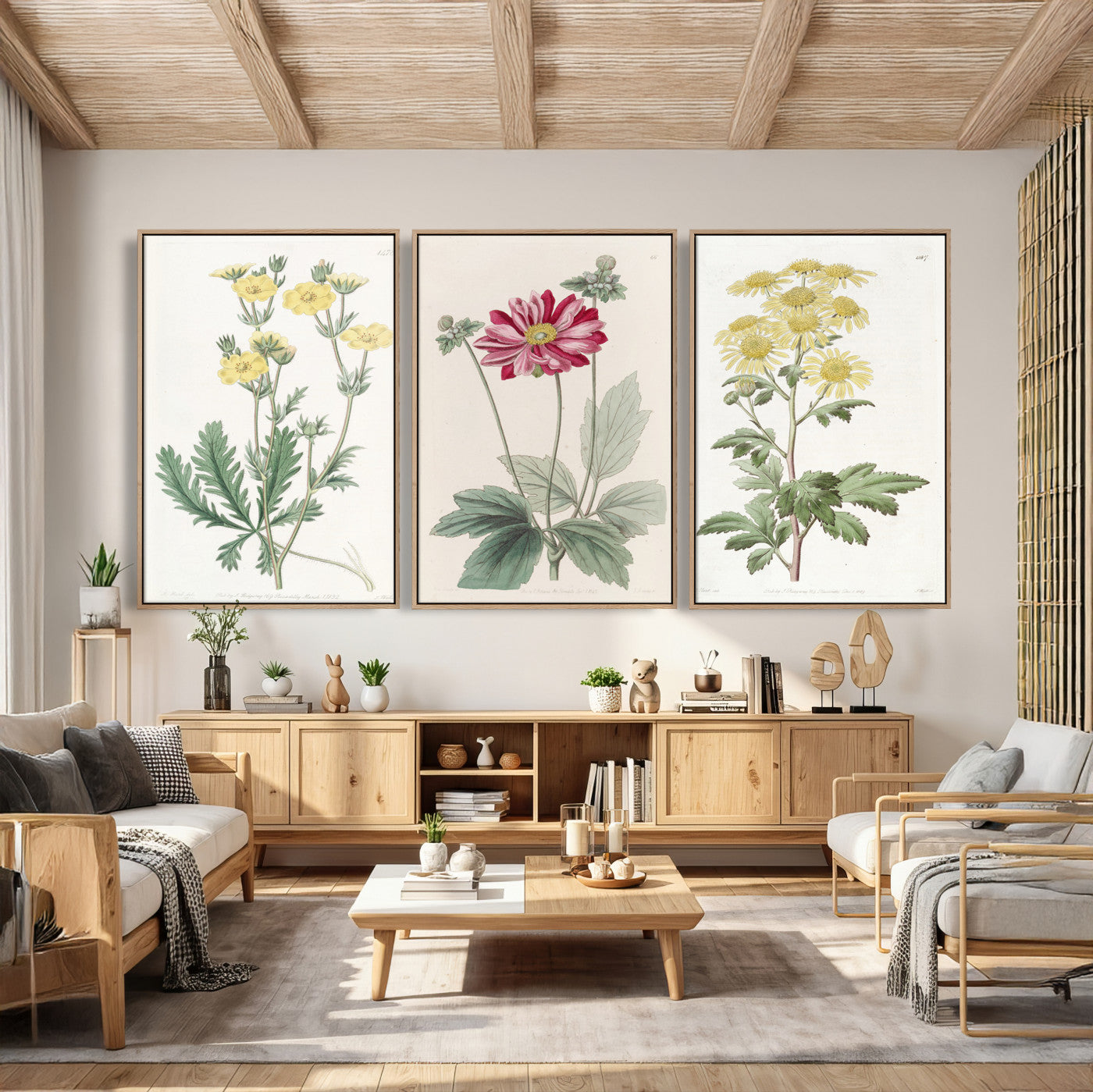17622011MF-MGV-CV-60X30-3P - Antique Botanical Canvas Wall Art, Victorian Flower Illustration Triptych Print, Cottagecore Vintage Botanical Decor