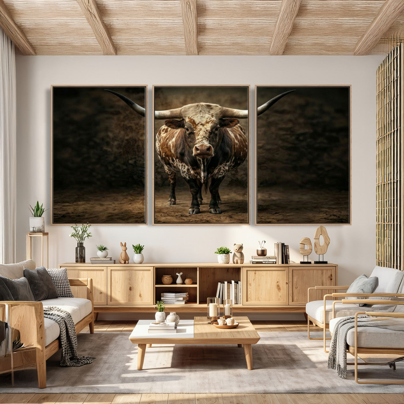 59378683-MGV-CV-60X30-3P - Texas Longhorn Bull Canvas Wall Art, Western Ranch Cattle Photography Print, Rustic Farmhouse Cowboy Decor Artwork