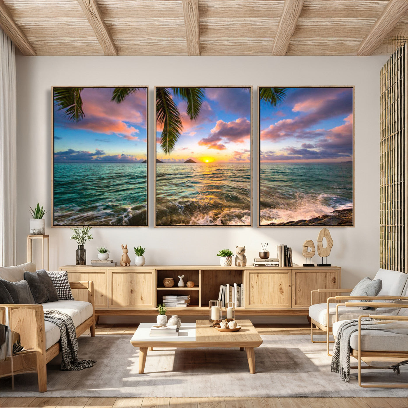13207742-MGV-CV-36X24 - Hawaii Beach Sunset Canvas Wall Art Print, Tropical Ocean Landscape Artwork, Palm Tree Coastal Decor for Living Room Bedroom