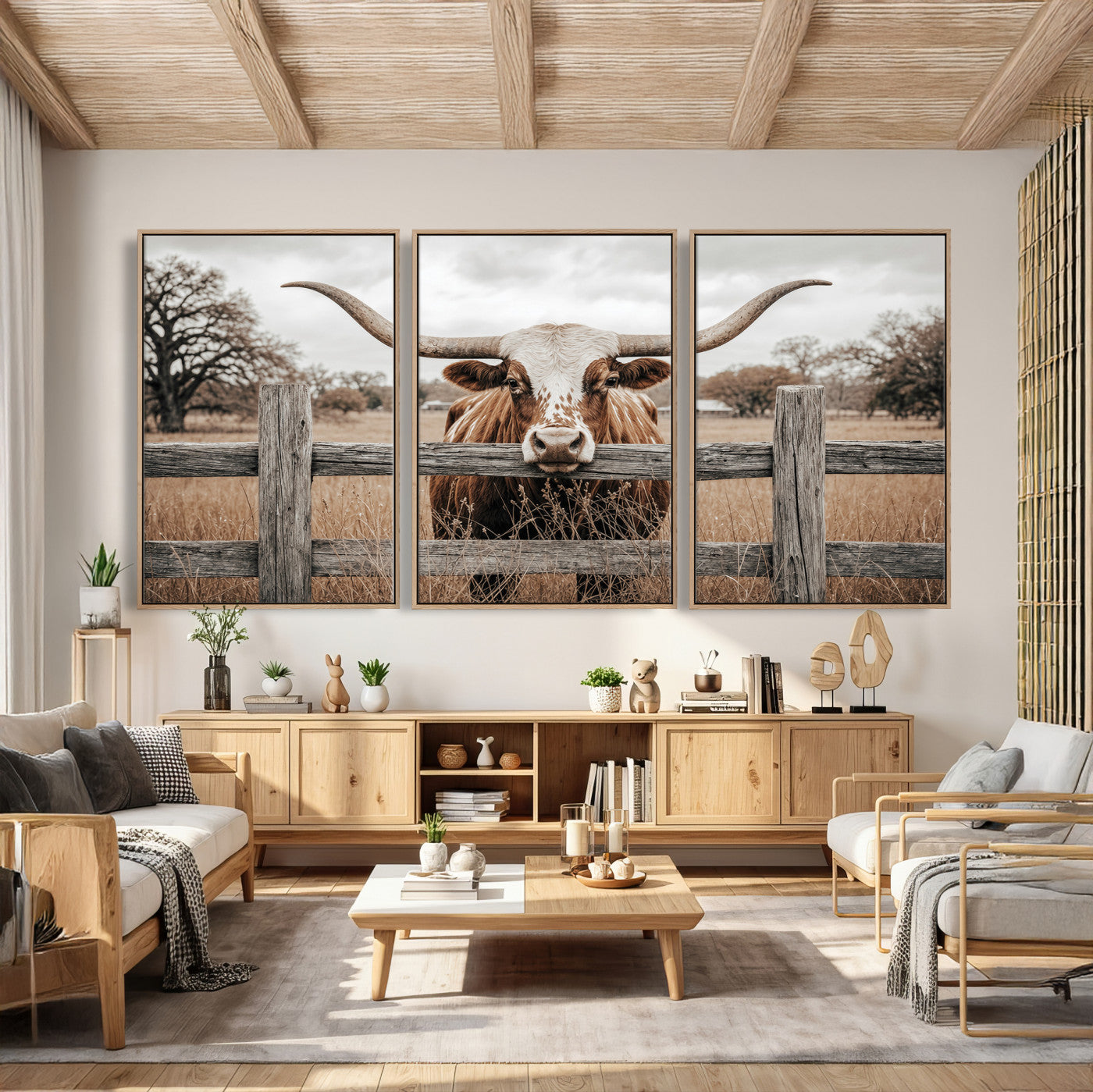 59378683N-MGV-CV-60X30-3P - Farmhouse Texas Longhorn Bull Canvas Wall Art, Western Ranch Cattle Photography Print, Rustic Barn Cowboy Decor Artwork