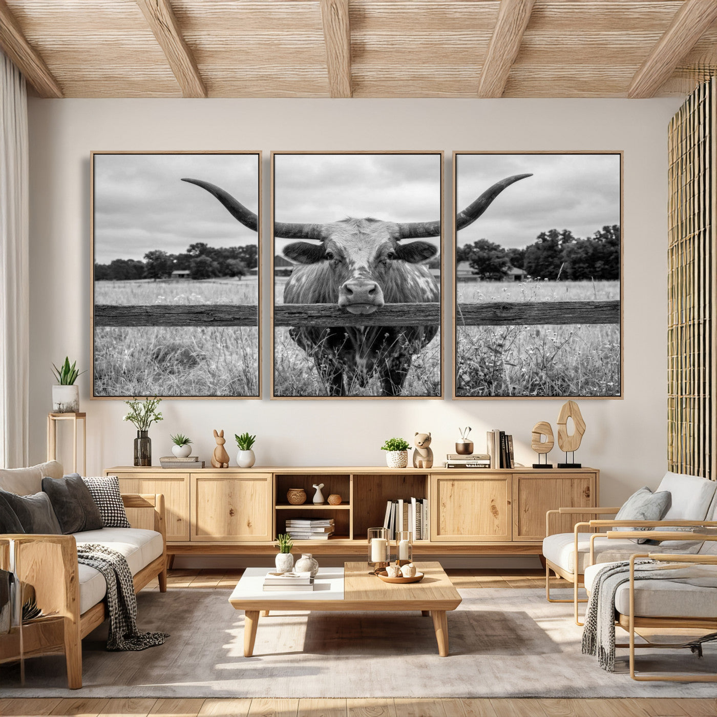 59378683-MGV-CV-60X30-3P - Black White Texas Longhorn Bull Canvas Wall Art, Western Ranch Cattle Photography Print, Rustic Farmhouse Cowboy Decor Artwork