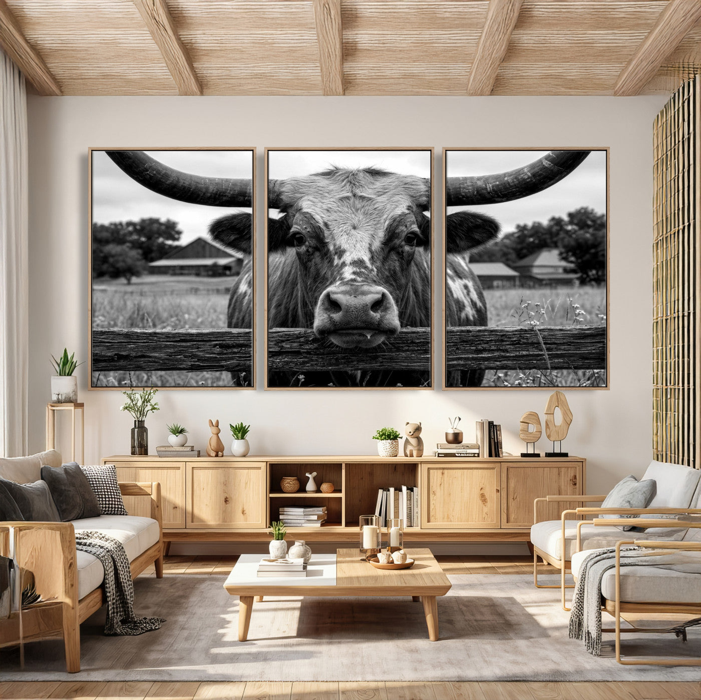 59378683B-MGV-CV-36X24 - Black White Texas Longhorn Bull Canvas Wall Art, Western Ranch Cattle Photography Print, Rustic Farmhouse Cowboy Decor Artwork