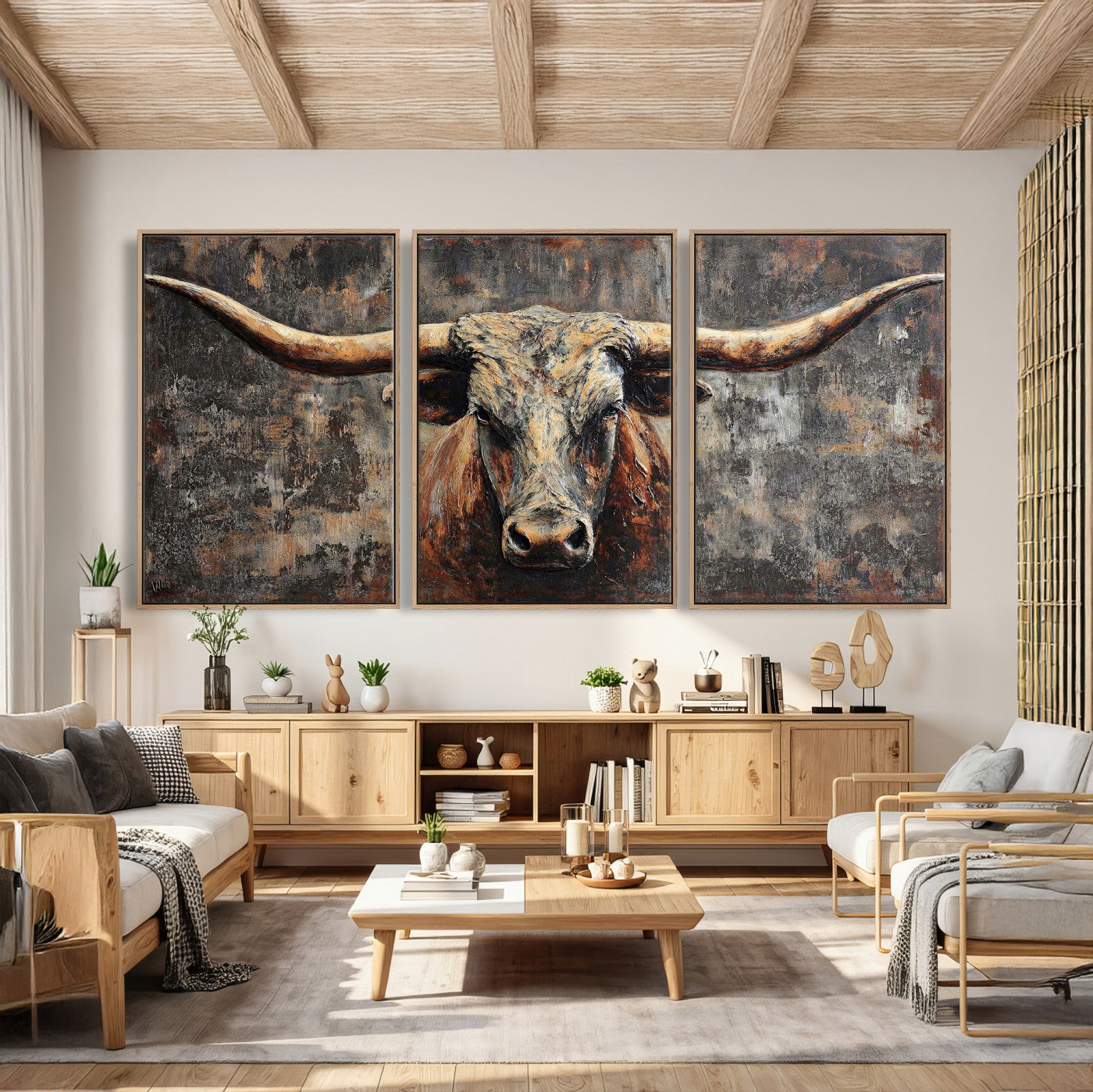 34202127RS-MGV-CV-60X30-3P - Texas Longhorn Skull Canvas Wall Art Rustic Western Decor Print