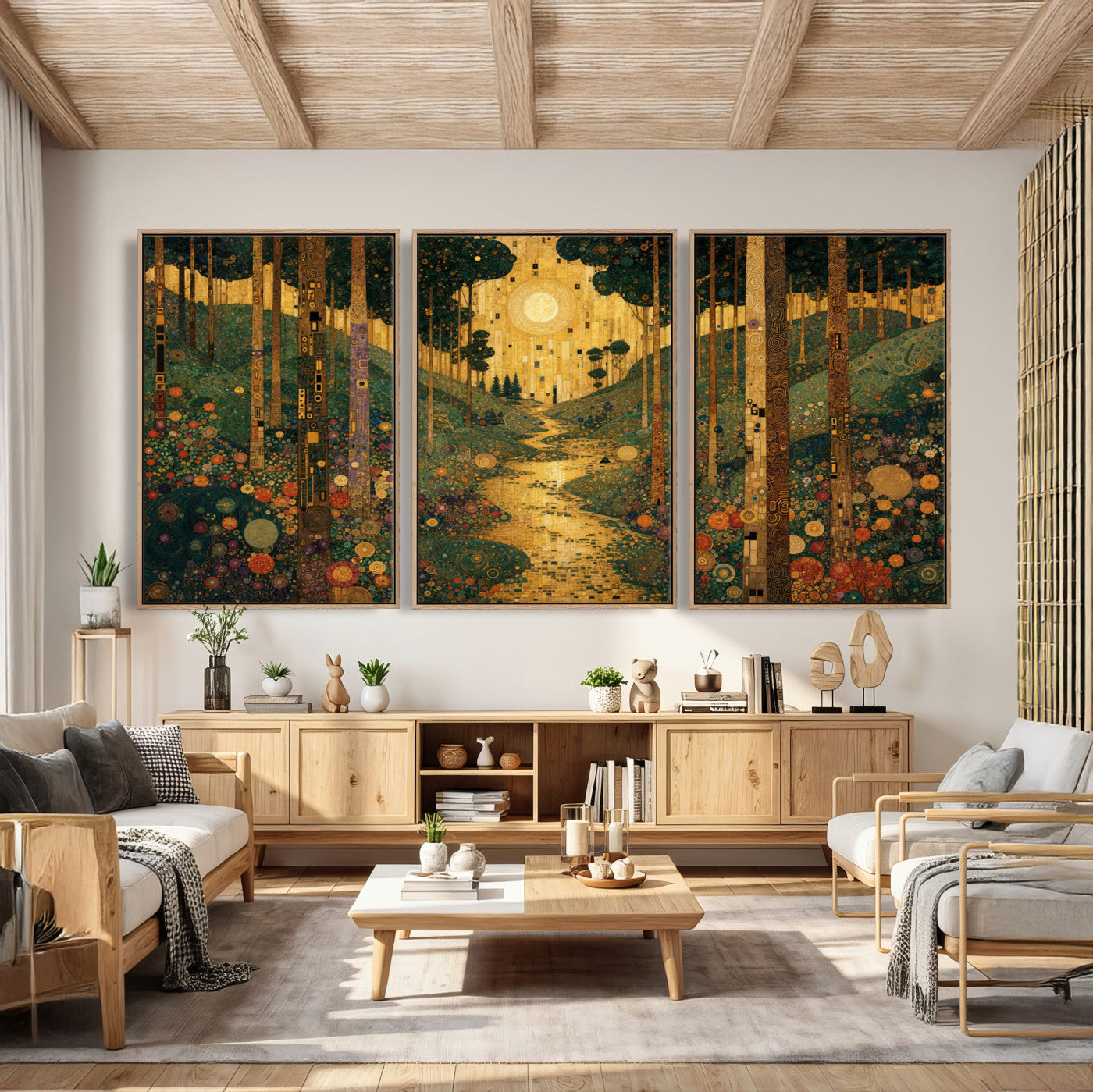 79483321GS-MGV-CV-48X32-3P - Gustav Klimt Style Forest Canvas Wall Art, Golden Forest Path Floral Art Nouveau Print, Enchanted Woodland Decor