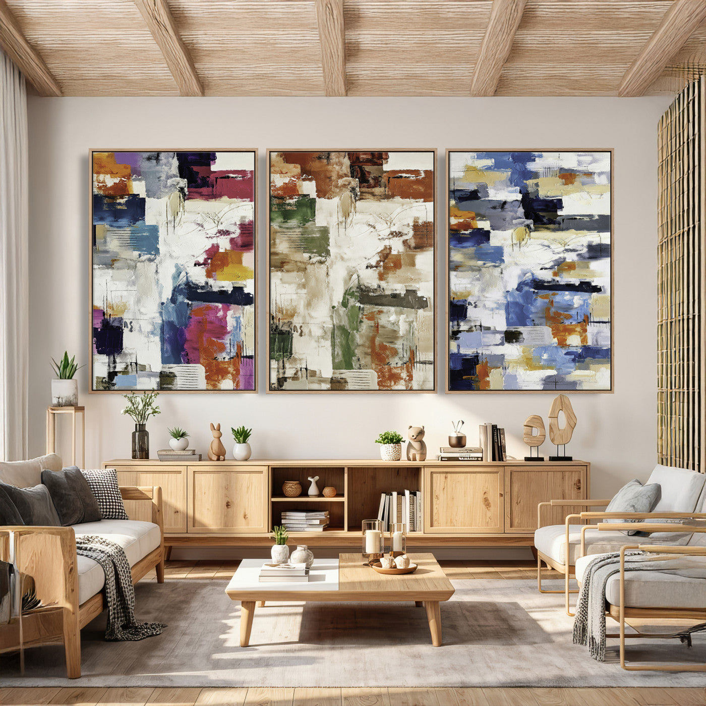 33267833-MGV-CV-60X30-3P - Blue Teal Abstract Canvas Wall Art, Modern Textured Painting Print, Navy Orange White Contemporary Art, Neutral Living Room Decor, Office Art