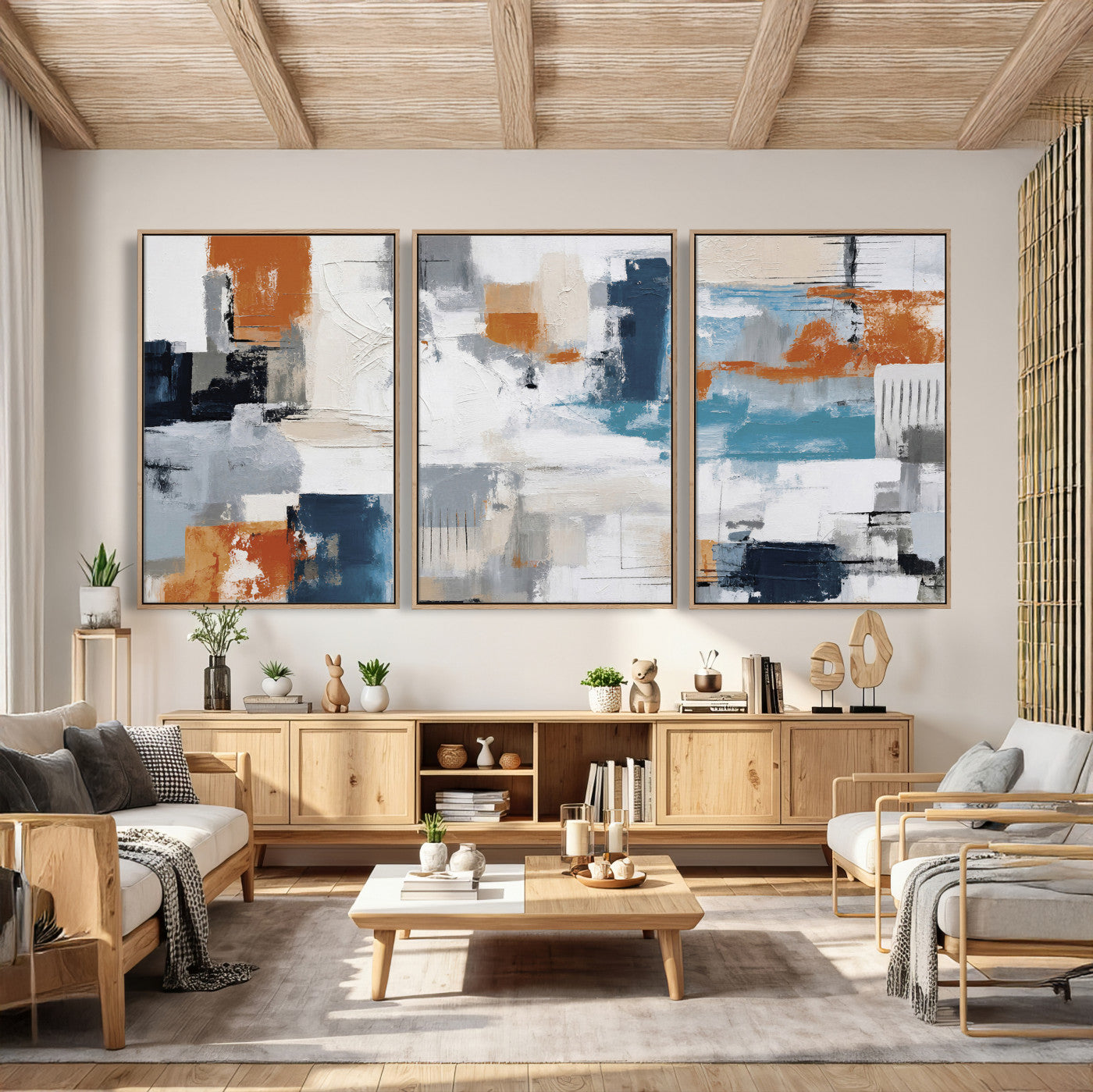 44950303-MGV-CV-36X24 - Blue Teal Abstract Canvas Wall Art, Modern Textured Painting Print, Navy Orange White Contemporary Art, Neutral Living Room Decor, Office Art