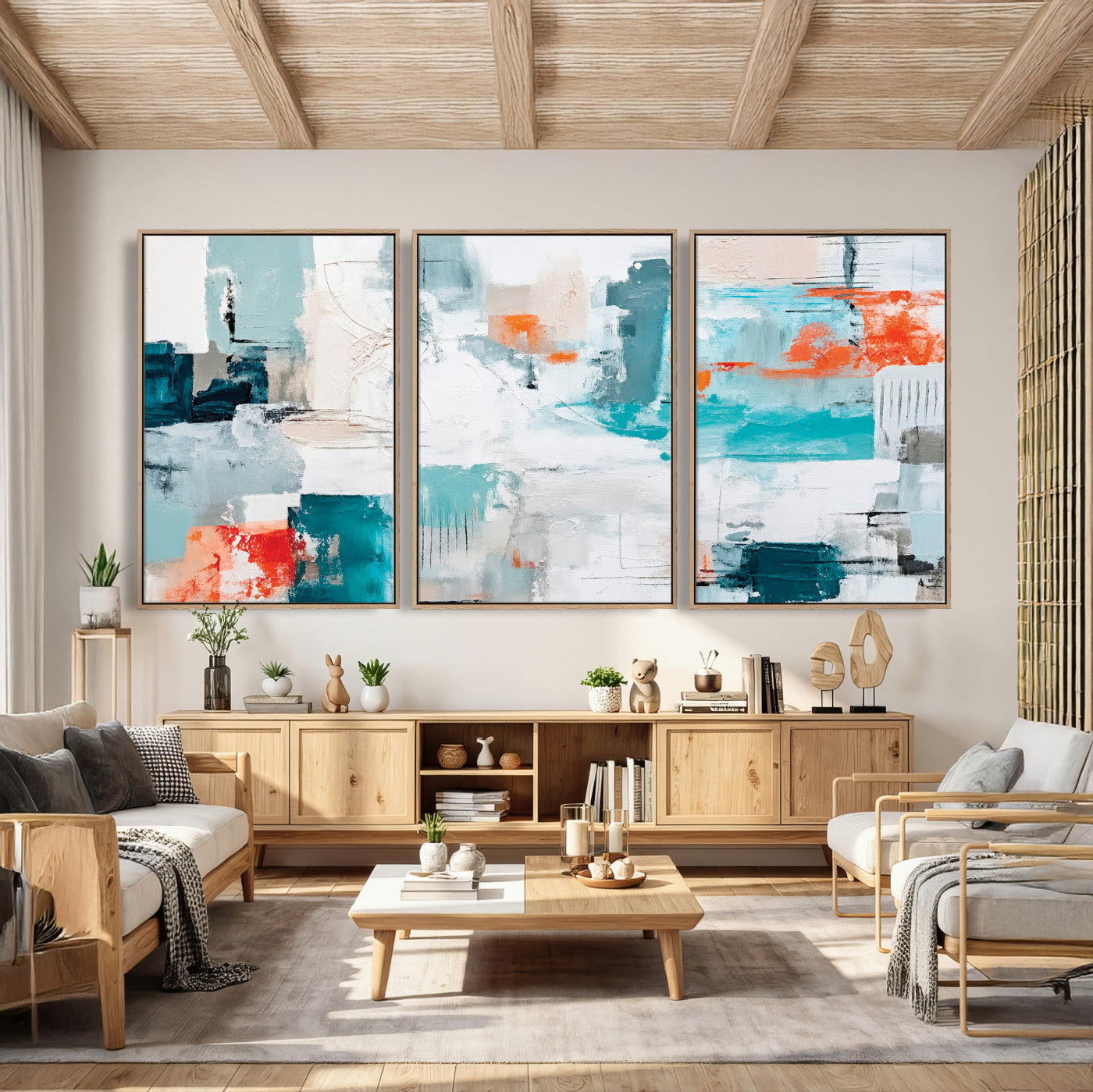 98638479-MGV-CV-36X24 - Blue Teal Abstract Canvas Wall Art | Modern Textured Painting Print, Navy Orange White Contemporary Art, Neutral Living Room Decor, Office Art