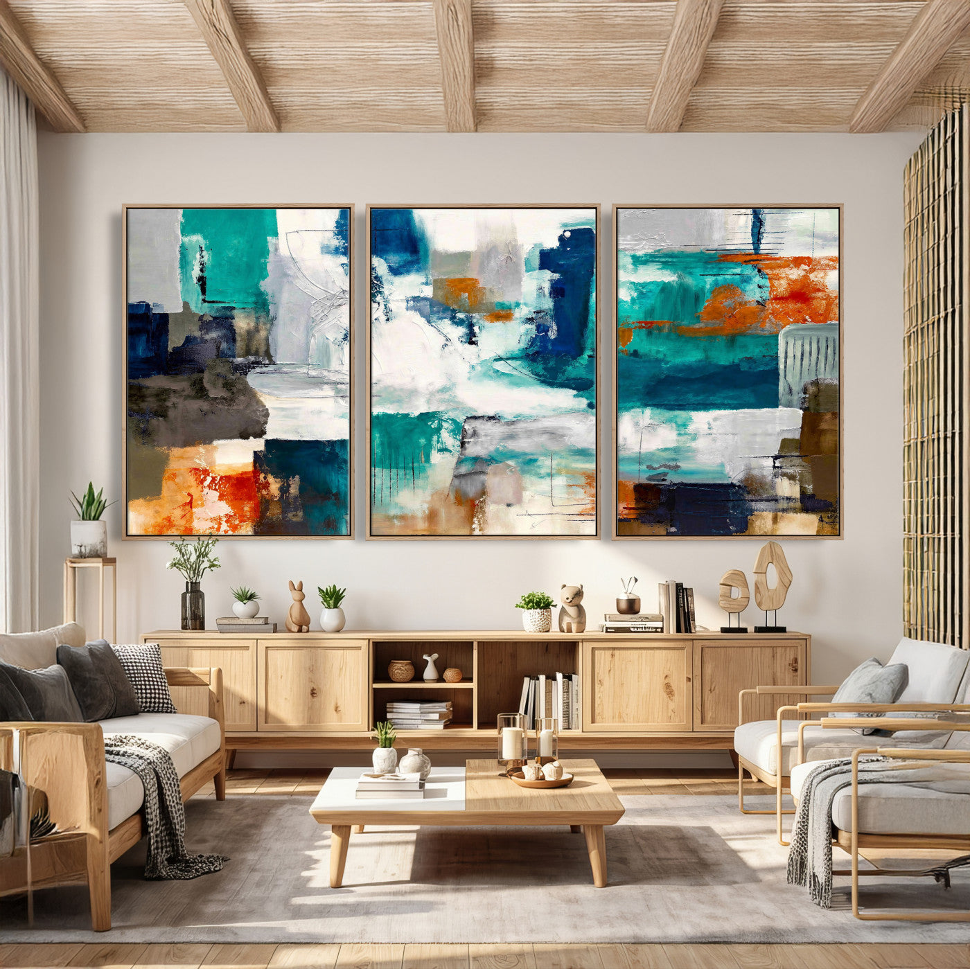 44038089-MGV-CV-36X24 - Blue Teal Abstract Canvas Wall Art, Modern Textured Painting Print, Navy Orange White Contemporary Art, Neutral Living Room Decor, Office Art