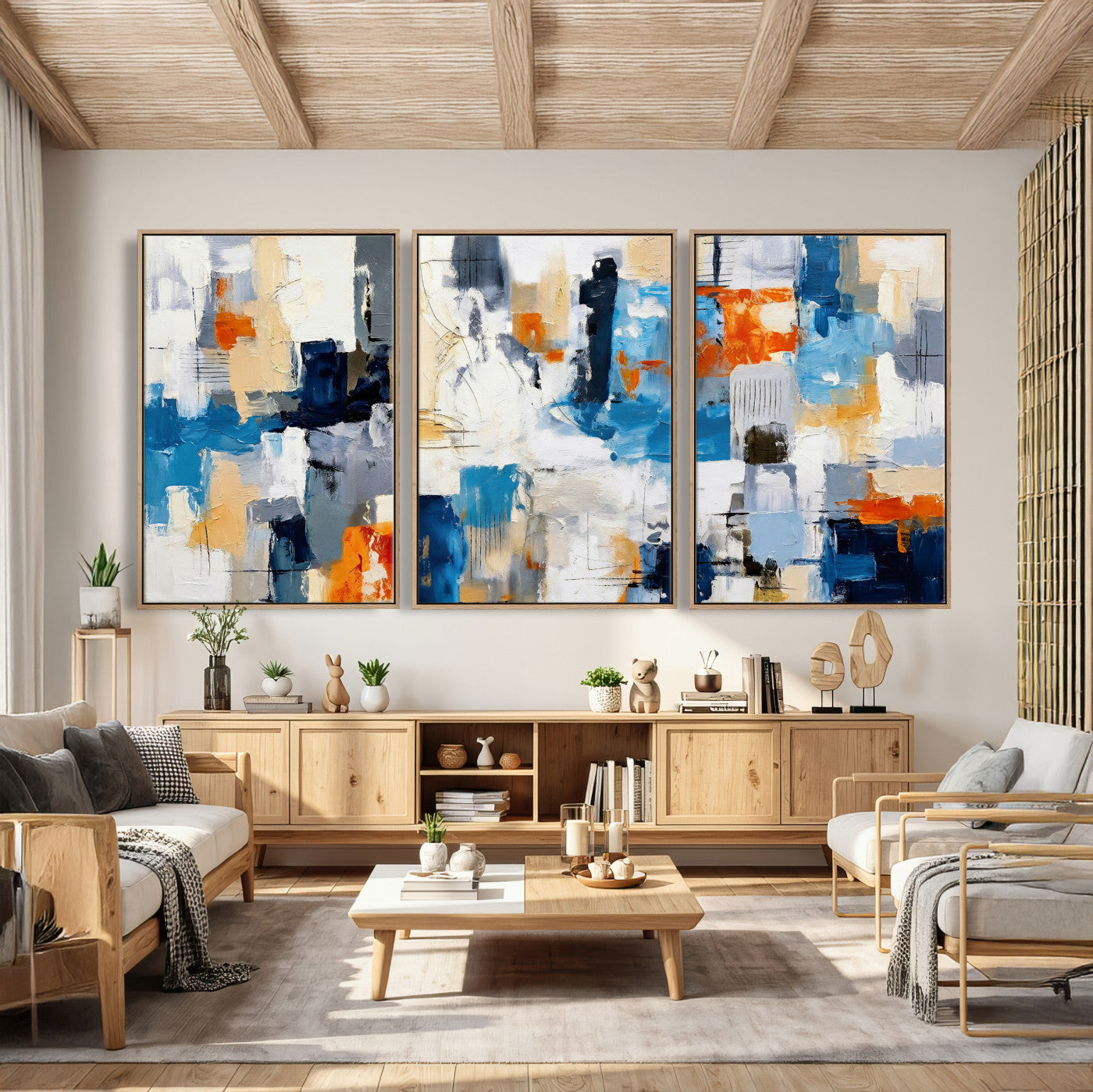 83915061-MGV-CV-36X24 - Blue Teal Abstract Canvas Wall Art, Modern Textured Painting Print, Navy Orange White Contemporary Art, Neutral Living Room Decor, Office Art