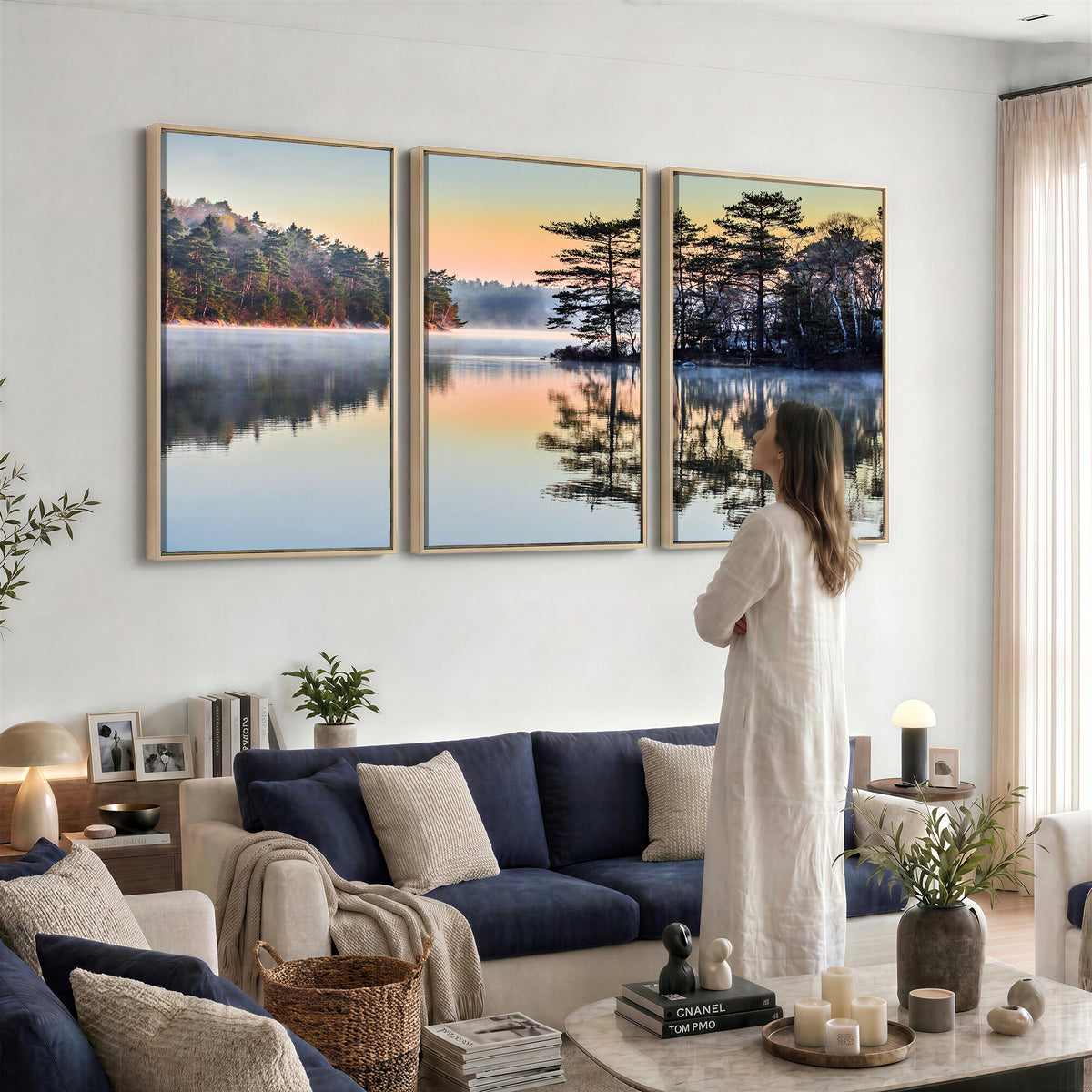 34236027-MGV-CV-36X24 - Before People Wake Canvas Wall Art Print, Misty Lake Sunrise Landscape, Forest Reflection Nature Decor, Ready to Hang