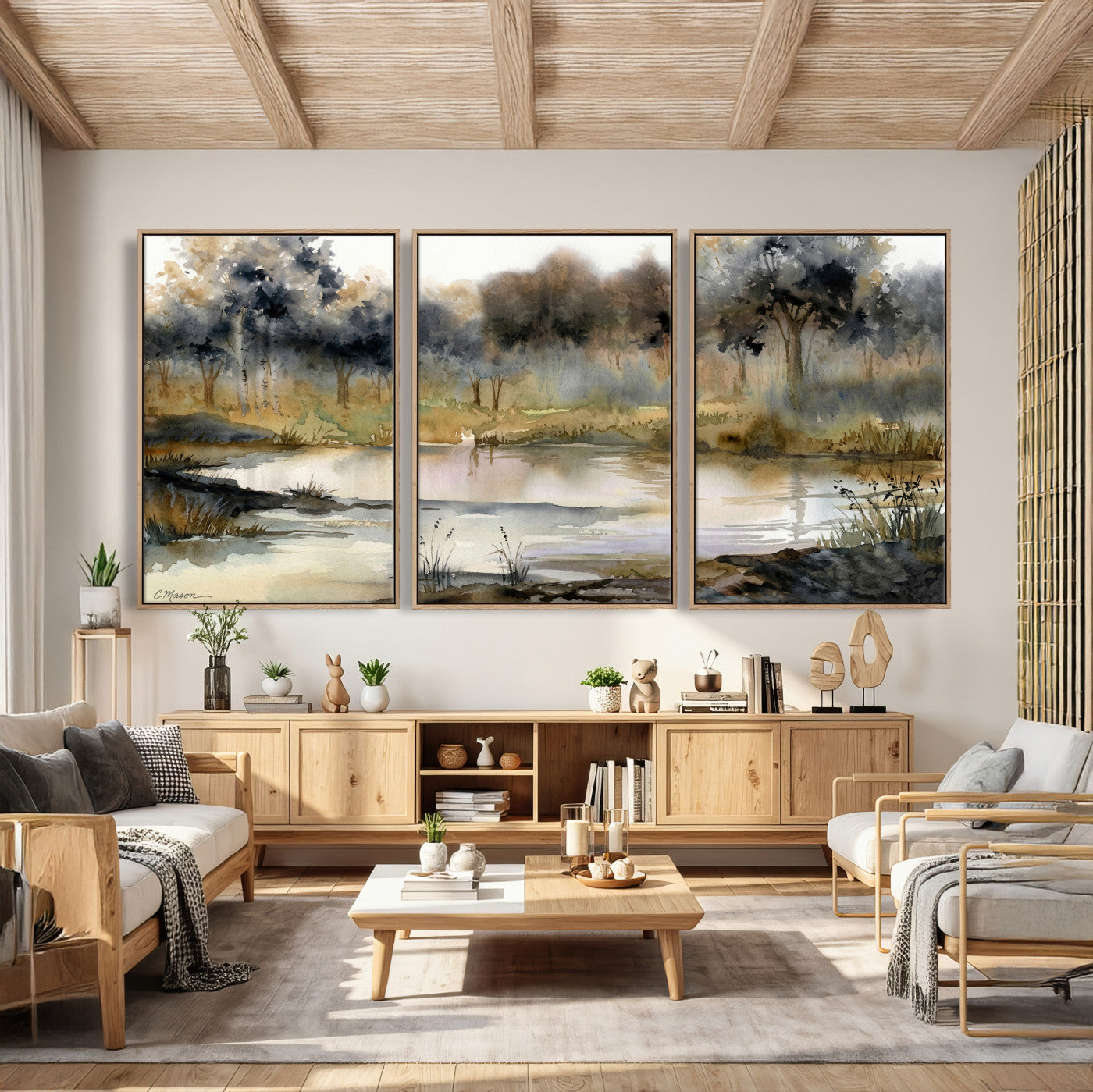 27383609-MGV-CV-36X24 - Abstract Watercolor Autumn Lake Canvas Wall Art Print - Misty Forest Landscape, Rustic Nature Painting, Cabin Wall Decor - Ready to Hang