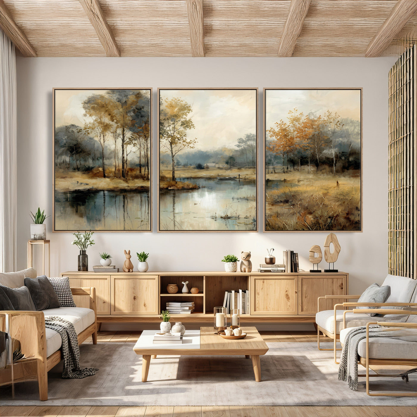 74391095-MGV-CV-36X24 - Abstract WatercolorAutumn Lake Canvas Wall Art Print, Misty Forest Landscape, Rustic Nature Painting, Cabin Wall Decor | Ready to Hang