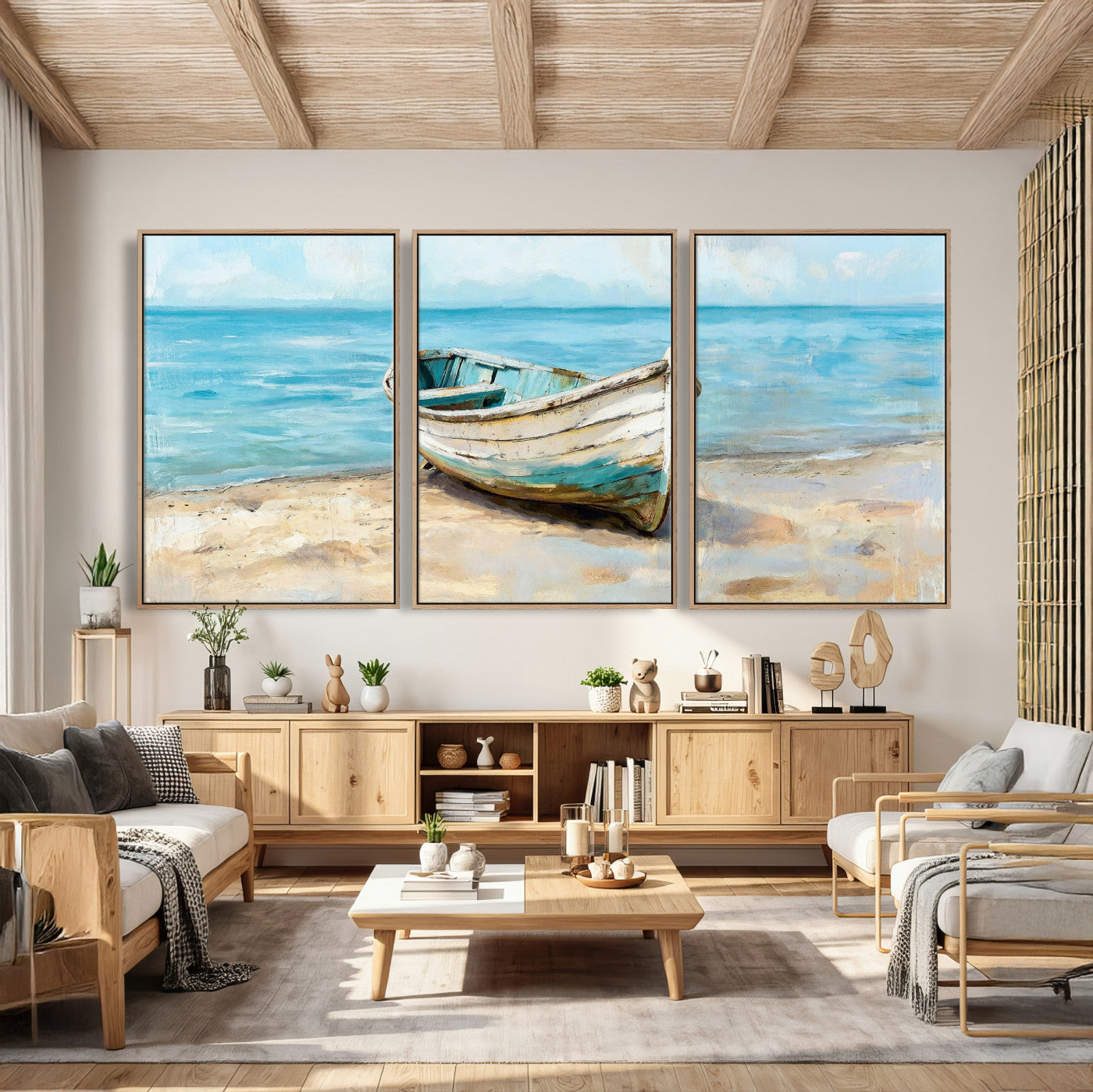 14780565-MGV-CV-36X24 - Coastal Boat Canvas Wall Art Print, Beach Boat Painting, Nautical Ocean Decor, Seascape Wall Art - Ready to Hang