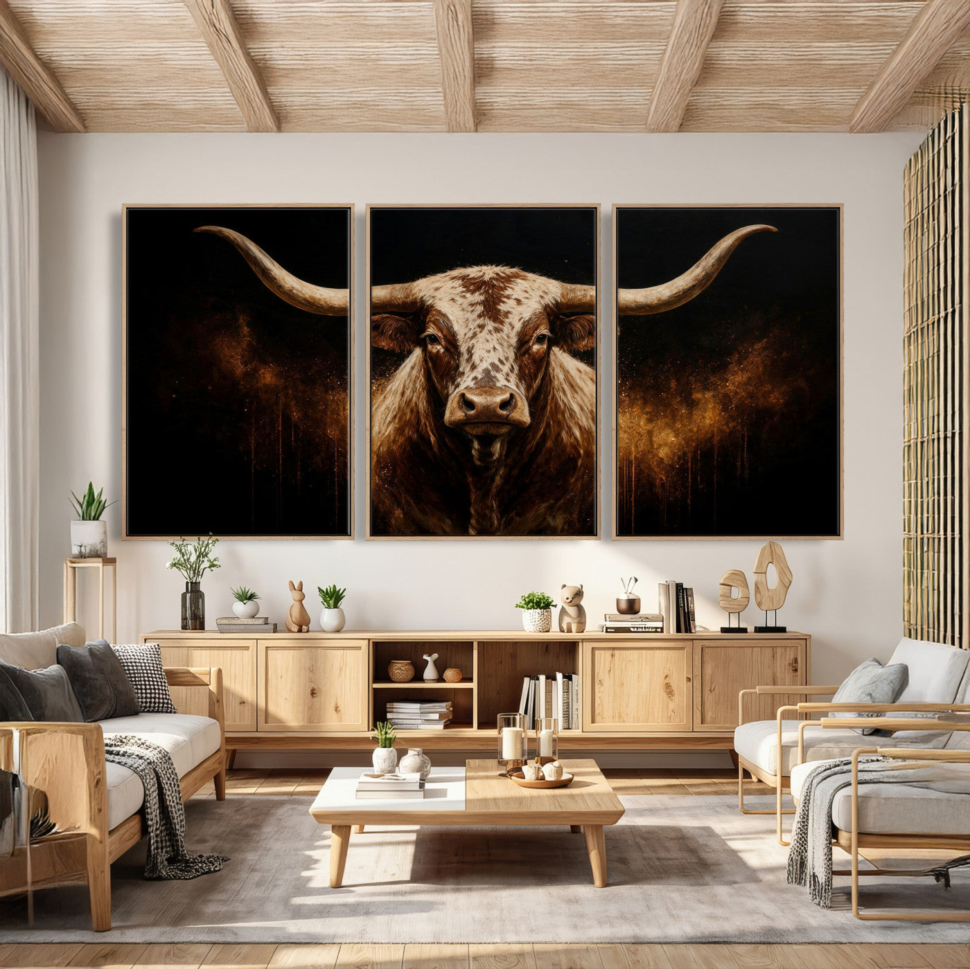 62076449-MGV-CV-48X32-3P - Texas Bull Cow Longhorn Canvas Wall Art Moody Western Bull Oil Painting Print