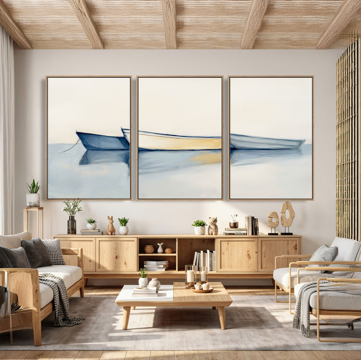 84017361-MGV-CV-36X24 - Abstract Three Boats Reflecting on Water Wall Art Canvas Print - Minimalist Coastal Seascape