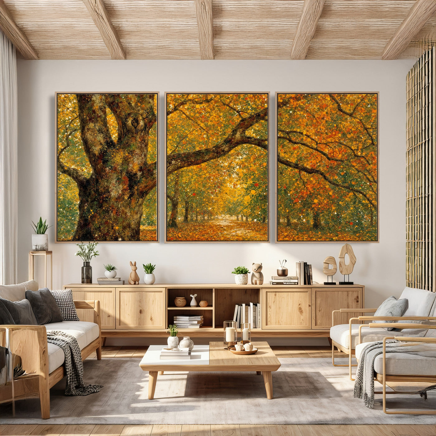 11536138-MGV-CV-36X24 - Vintage Autumn Forest Path Wall Art Canvas Print, Golden Leaves Impressionist Painting Print