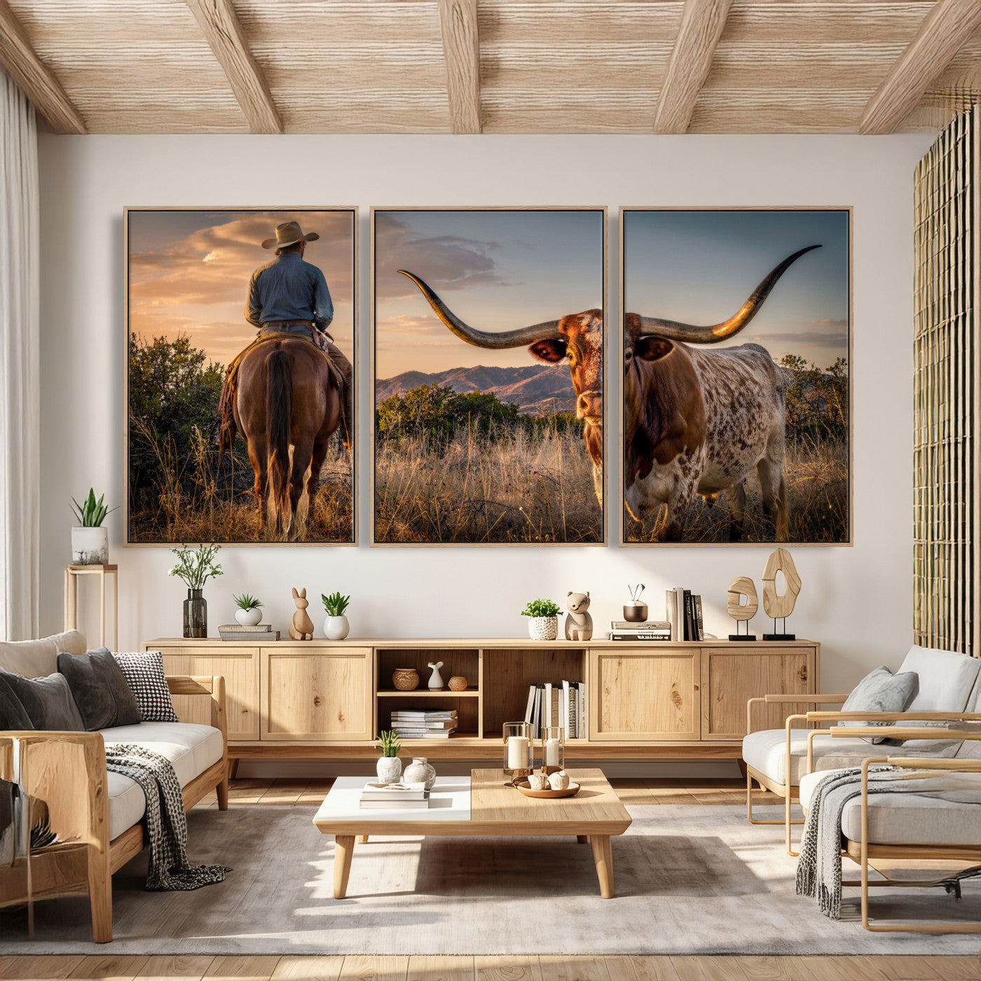 62076449-MGV-CV-60X30-3P - Texas Cow Bull Longhorn Cowboy Western Wall Art Decor for Farmhouse