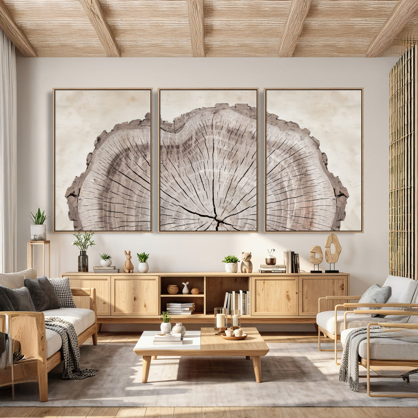 87833480-MGV-CV-60X30-3P - Tree Ring Canvas Wall Art in Neutral Earth Tones, Framed Wood Slice Print for Rustic and Japandi Interiors