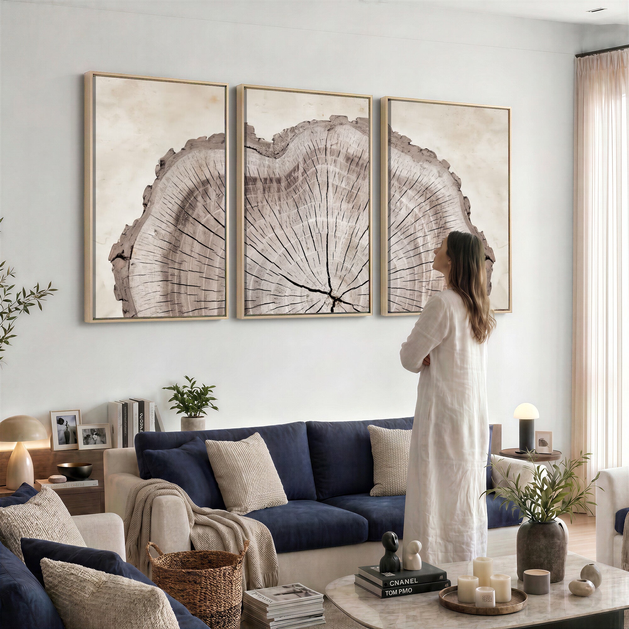87833480-MGV-CV-60X30-3P - Tree Ring Canvas Wall Art in Neutral Earth Tones, Framed Wood Slice Print for Rustic and Japandi Interiors