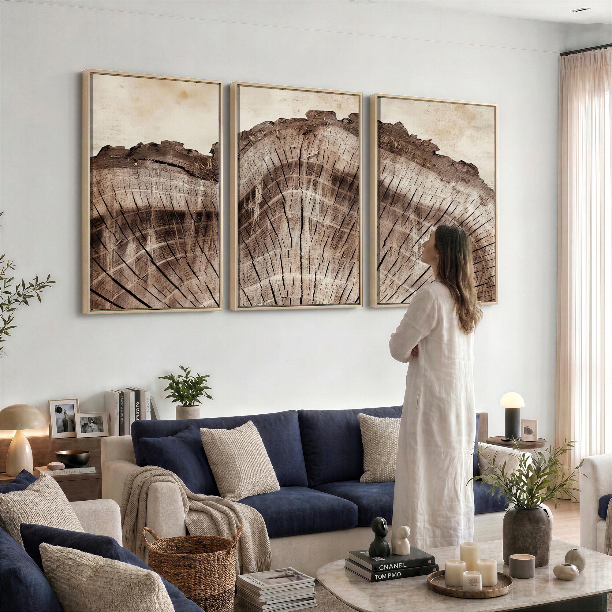 91280382-MGV-CV-60X30-3P - Tree Ring Canvas Wall Art in Neutral Earth Tones, Framed Wood Slice Print for Rustic and Japandi Interiors