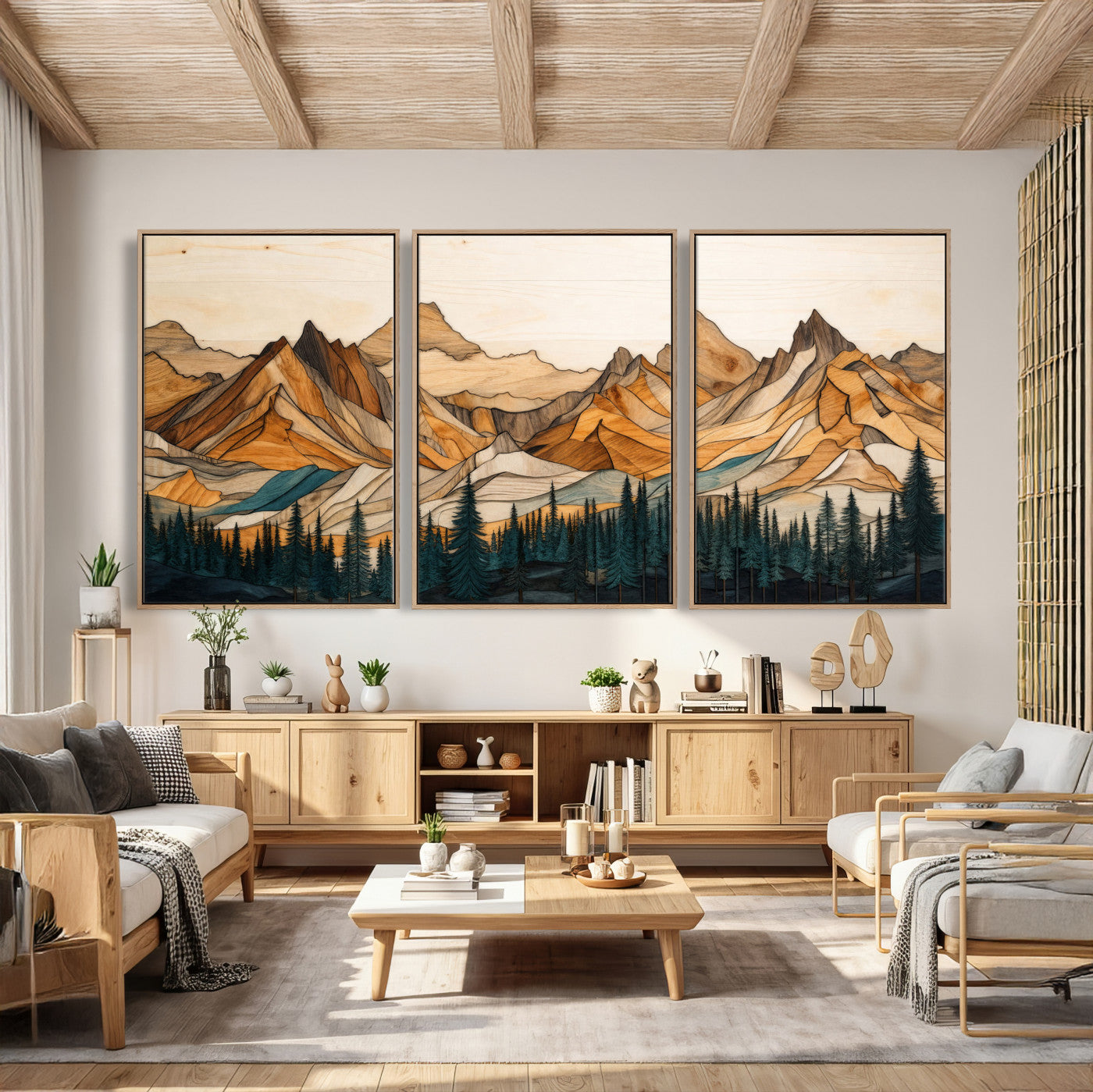 57384313-MGV-CV-60X30-3P - Mountain Landscape Canvas Wall Art with Wood Grain Effect, Golden Peaks and Teal Pine Forest, Framed Cabin Decor