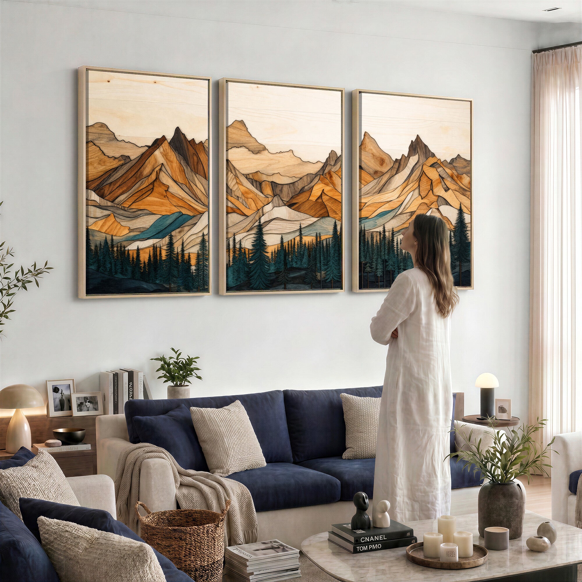 57384313-MGV-CV-48X32-3P - Mountain Landscape Canvas Wall Art with Wood Grain Effect, Golden Peaks and Teal Pine Forest, Framed Cabin Decor