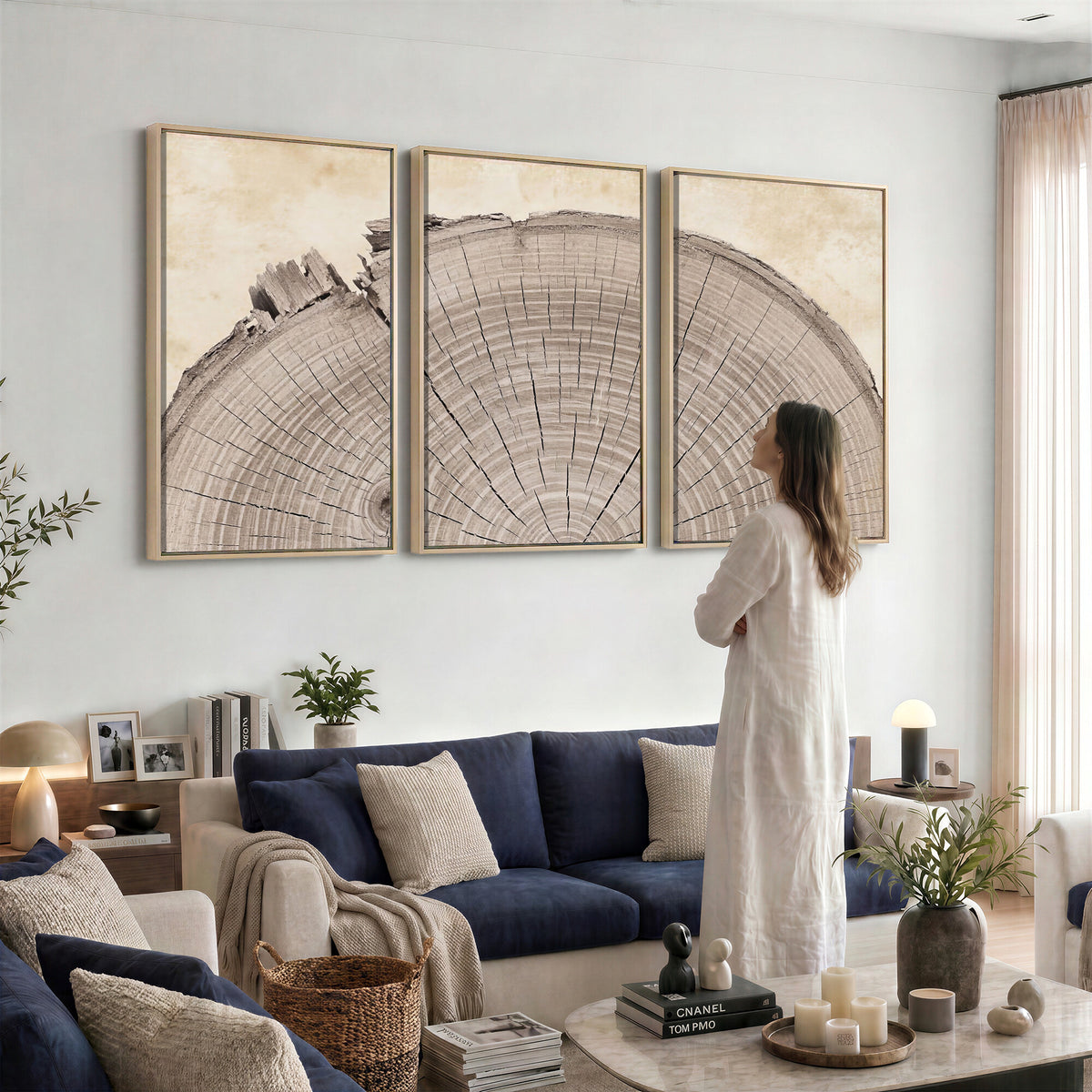 64174838-MGV-CV-60X30-3P - Tree Ring Canvas Wall Art in Neutral Earth Tones, Framed Wood Slice Print for Rustic and Japandi Interiors