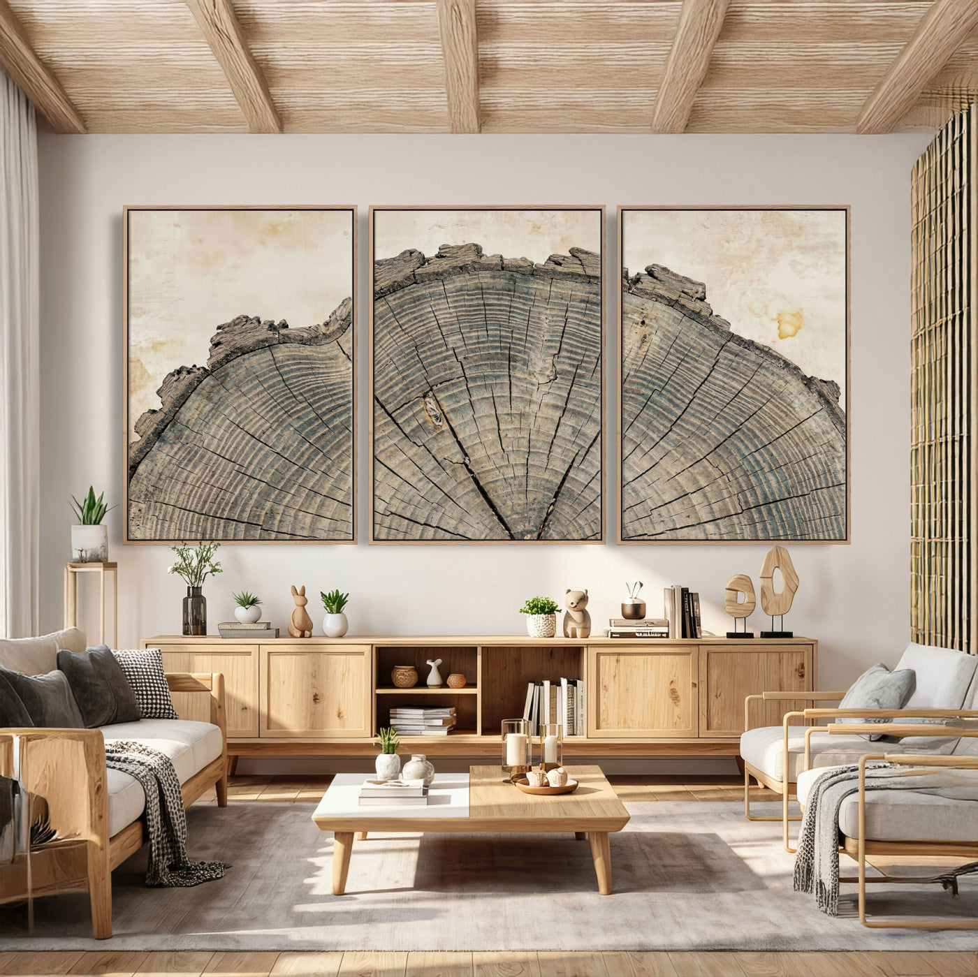 34201080-MGV-CV-60X30-3P - Tree Ring Canvas Wall Art in Neutral Earth Tones, Framed Wood Slice Print for Rustic and Japandi Interiors