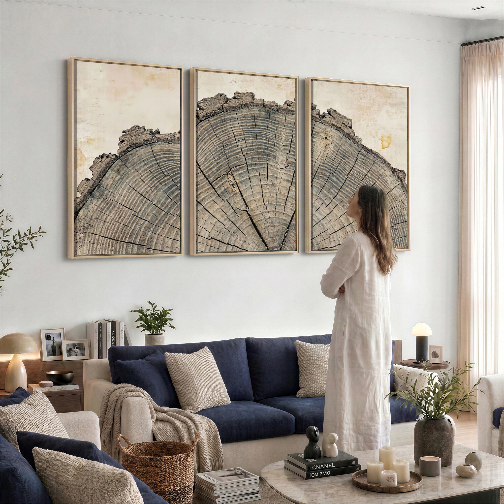 34201080-MGV-CV-60X30-3P - Tree Ring Canvas Wall Art in Neutral Earth Tones, Framed Wood Slice Print for Rustic and Japandi Interiors