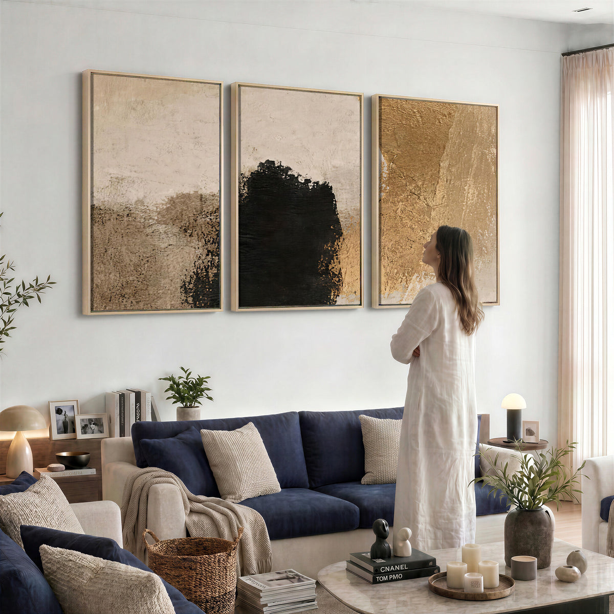 36003778-MGV-CV-48X32-3P - Mid Century Modern Geometric Canvas Wall Art, Abstract Triptych Print