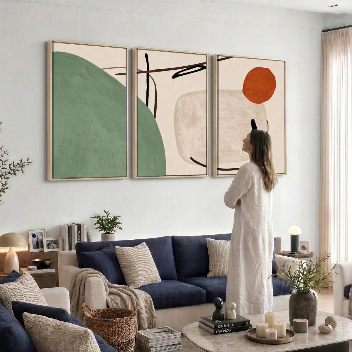 46798824-MGV-CV-48X32-3P - Mid Century Modern Geometric Canvas Wall Art, Abstract Triptych Print