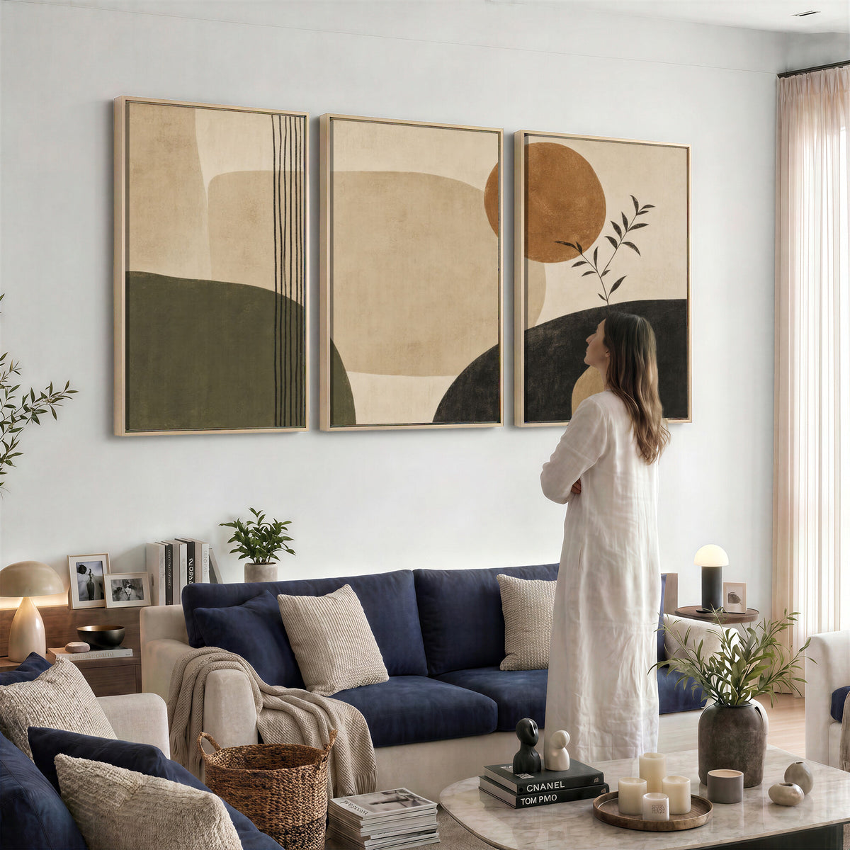 85289499-MGV-CV-60X30-3P - Boho Abstract Sun Canvas Wall Art, Minimalist Sage Green Botanical Print