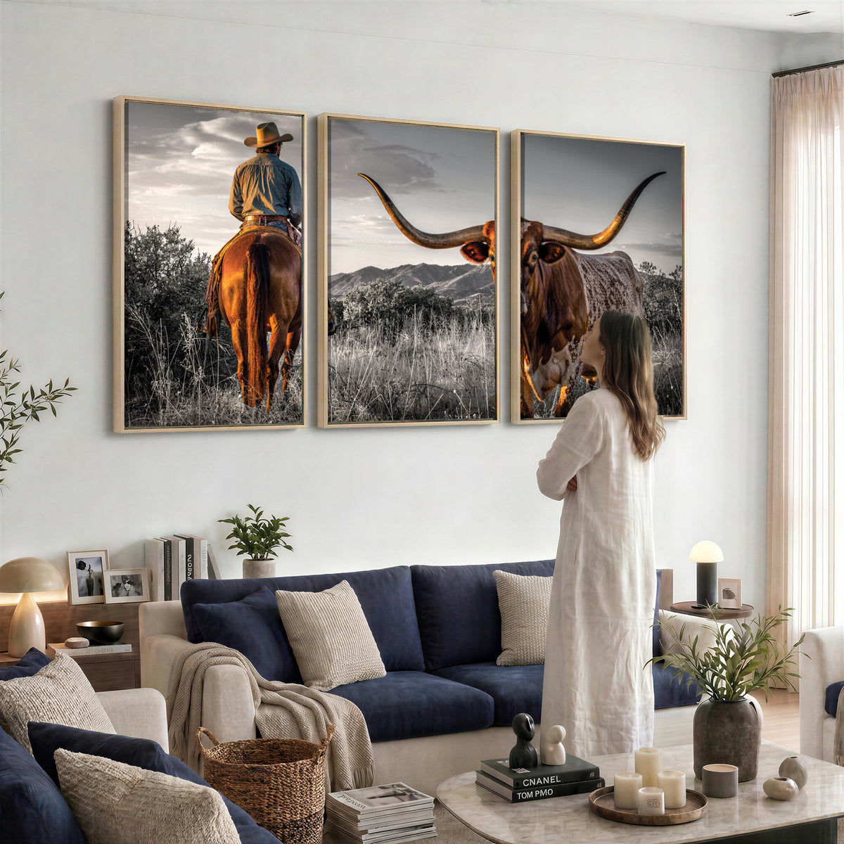17066920-MGV-CV-60X30-3P - Extra Large Cowboy and Longhorn Wall Art Canvas Print