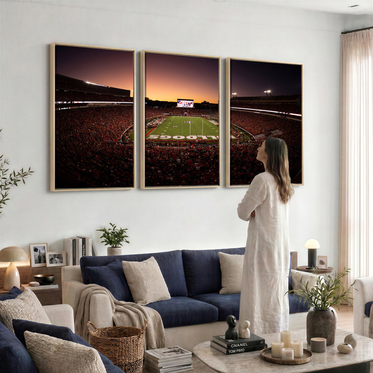 97720998-_Poster-30x20 - Georgia Bulldogs Stadium Sunset Canvas Print 3 Piece Framed Wall Art Extra Large Floating Frame Sports Poster Made in USA