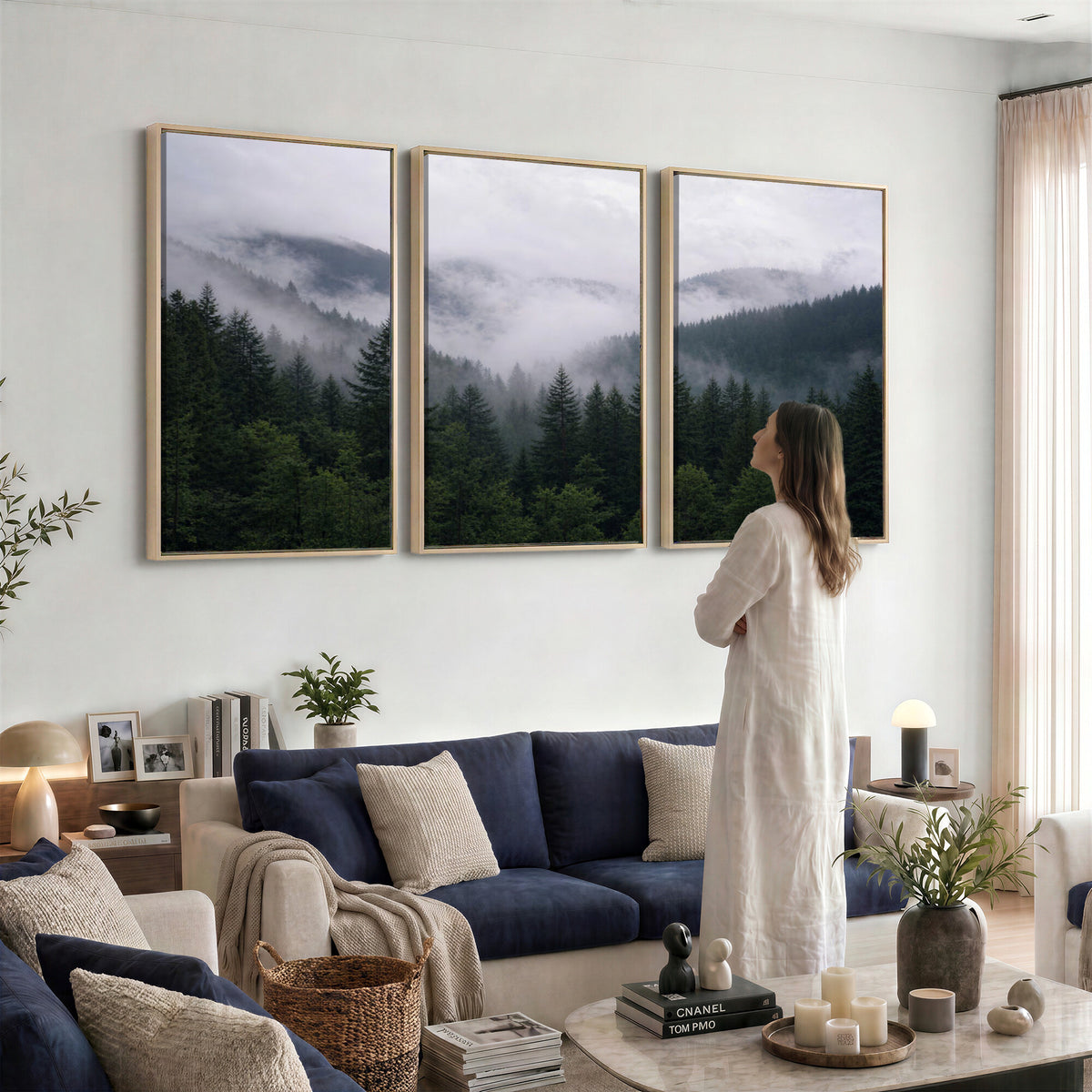25432119-_Poster-30x20 - Misty Mountain Pine Forest Canvas Print 3 Piece Framed Wall Art Extra Large Floating Frame Nature Poster Made in USA