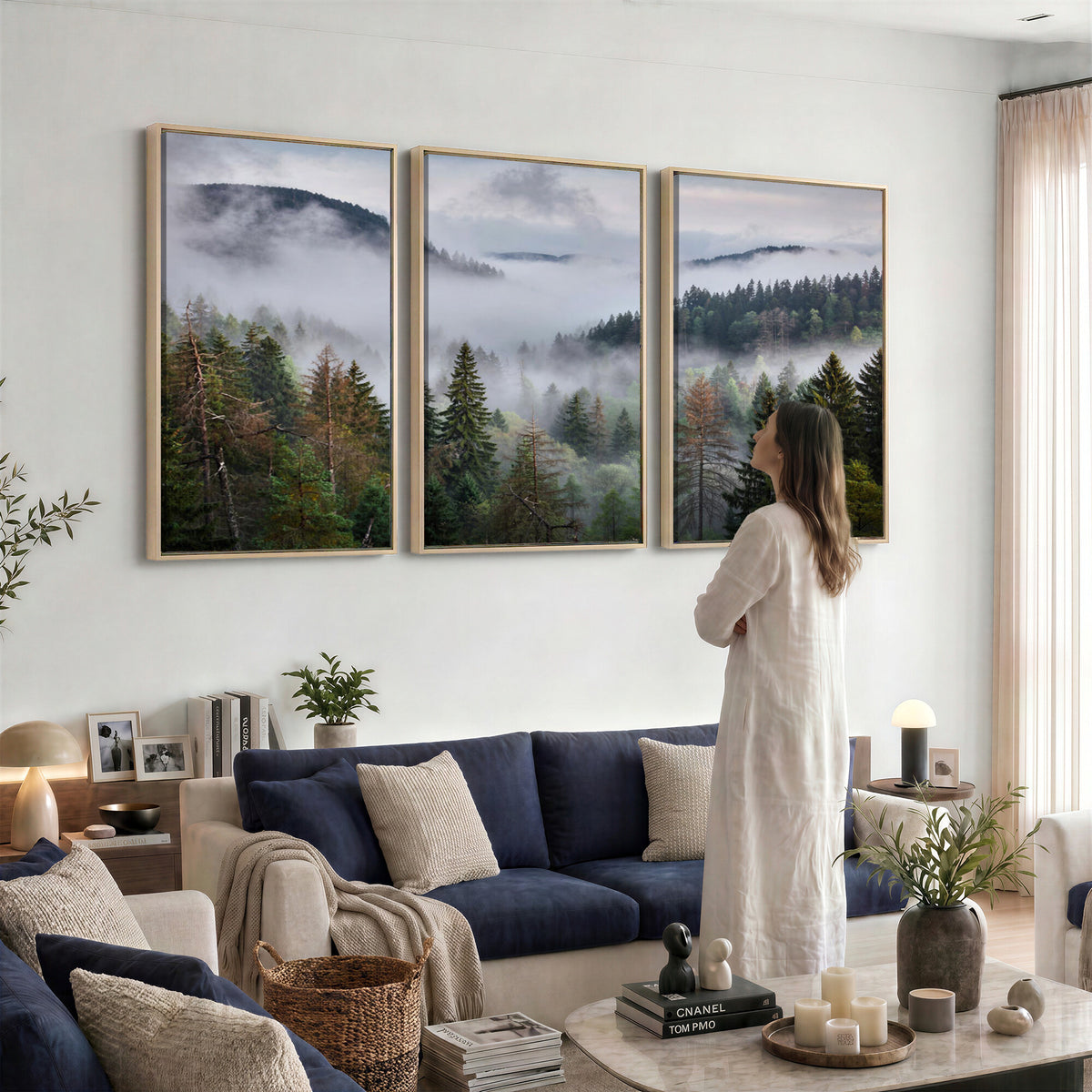 18735847-_Poster-30x20 - Foggy Pine Forest Mountain Canvas Print 3 Piece Framed Wall Art Extra Large Floating Frame Nature Poster Made in USA