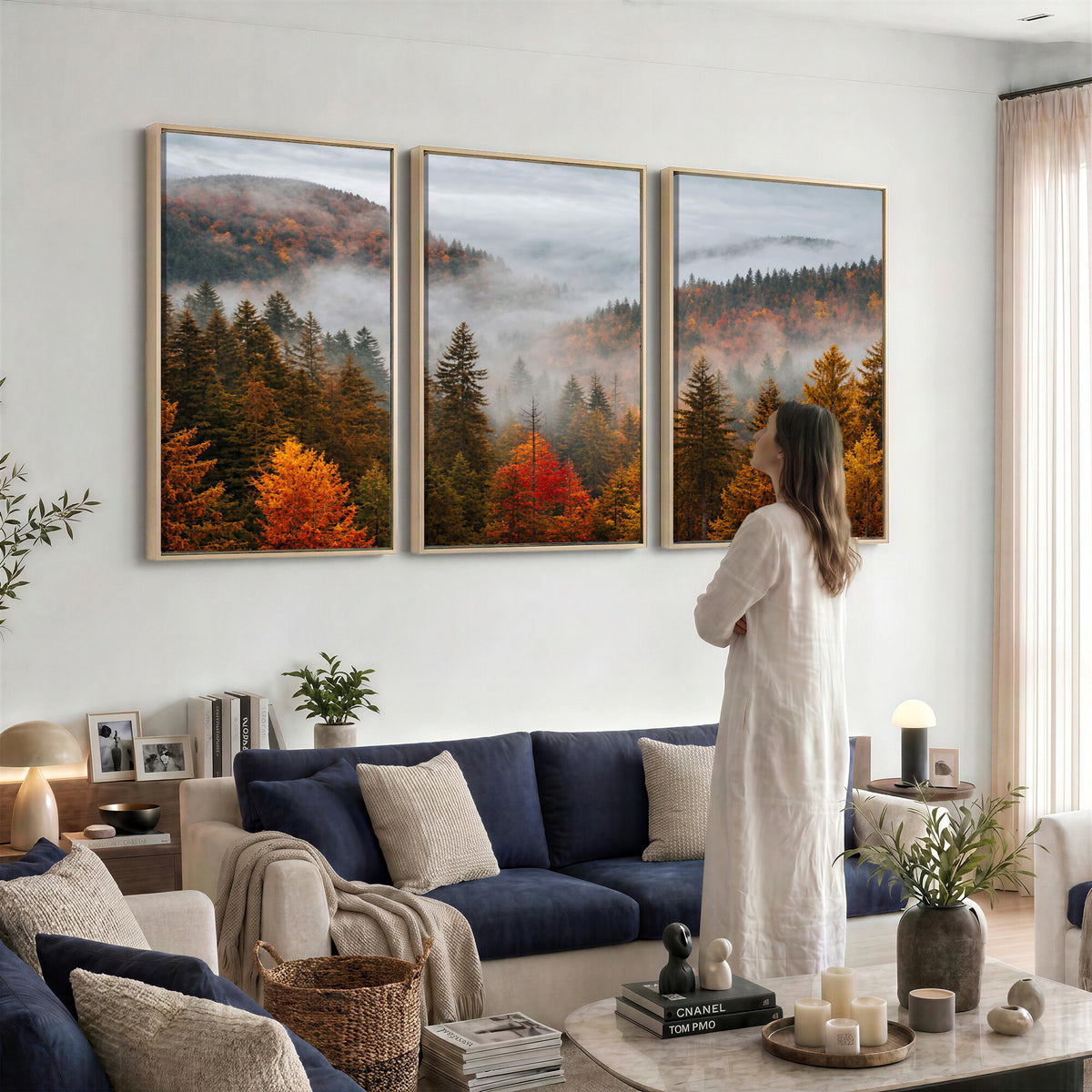87481341-_Poster-30x20 - Foggy Autumn Mountain Canvas Print Smoky Pine Forest Wall Art Panoramic Nature Poster 3 Piece Made in USA